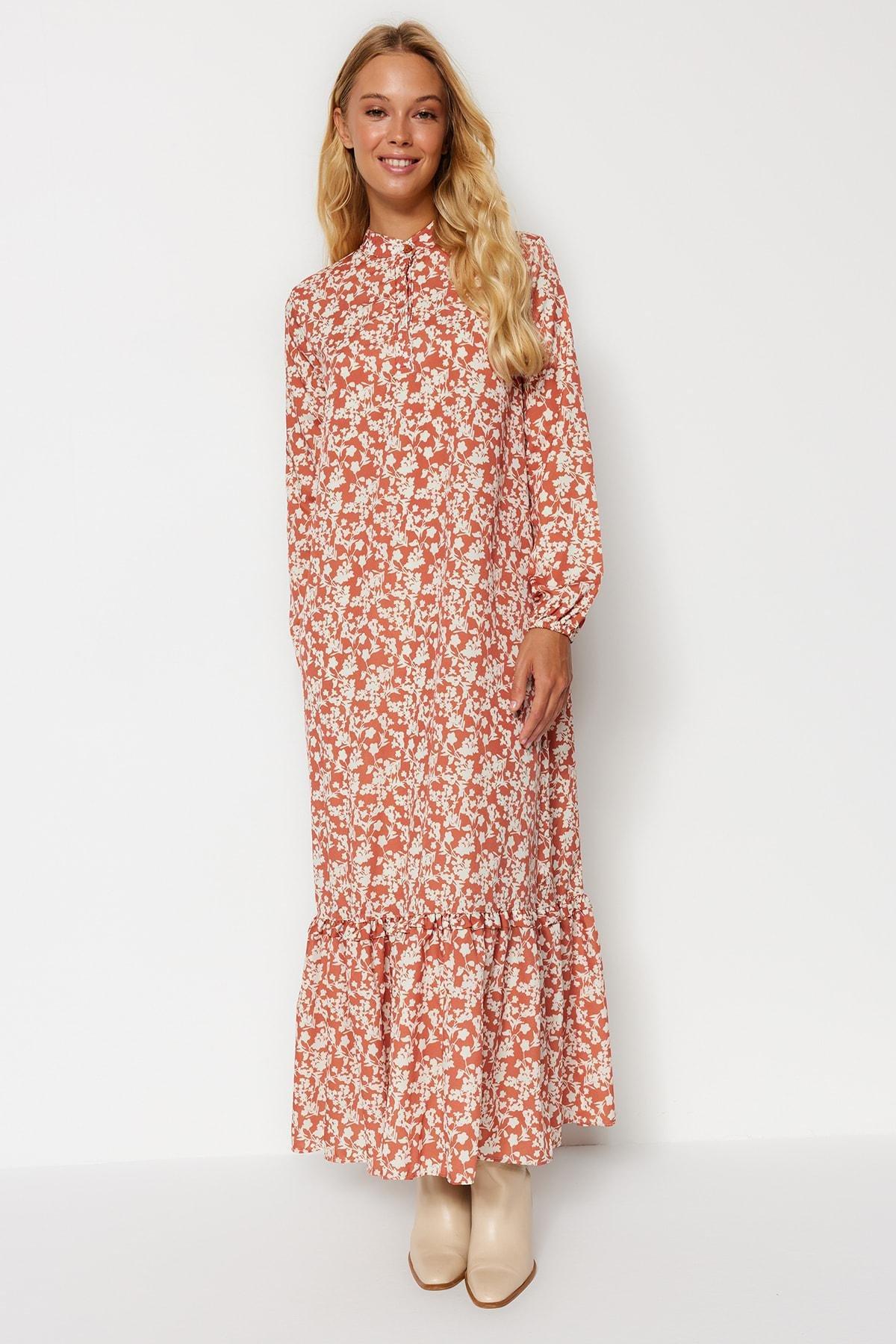 Red Floral Patterned Frill Trim Dress, , large image number 5