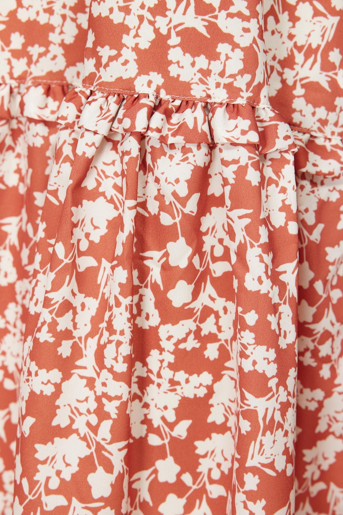Red Floral Patterned Frill Trim Dress, , large image number 8