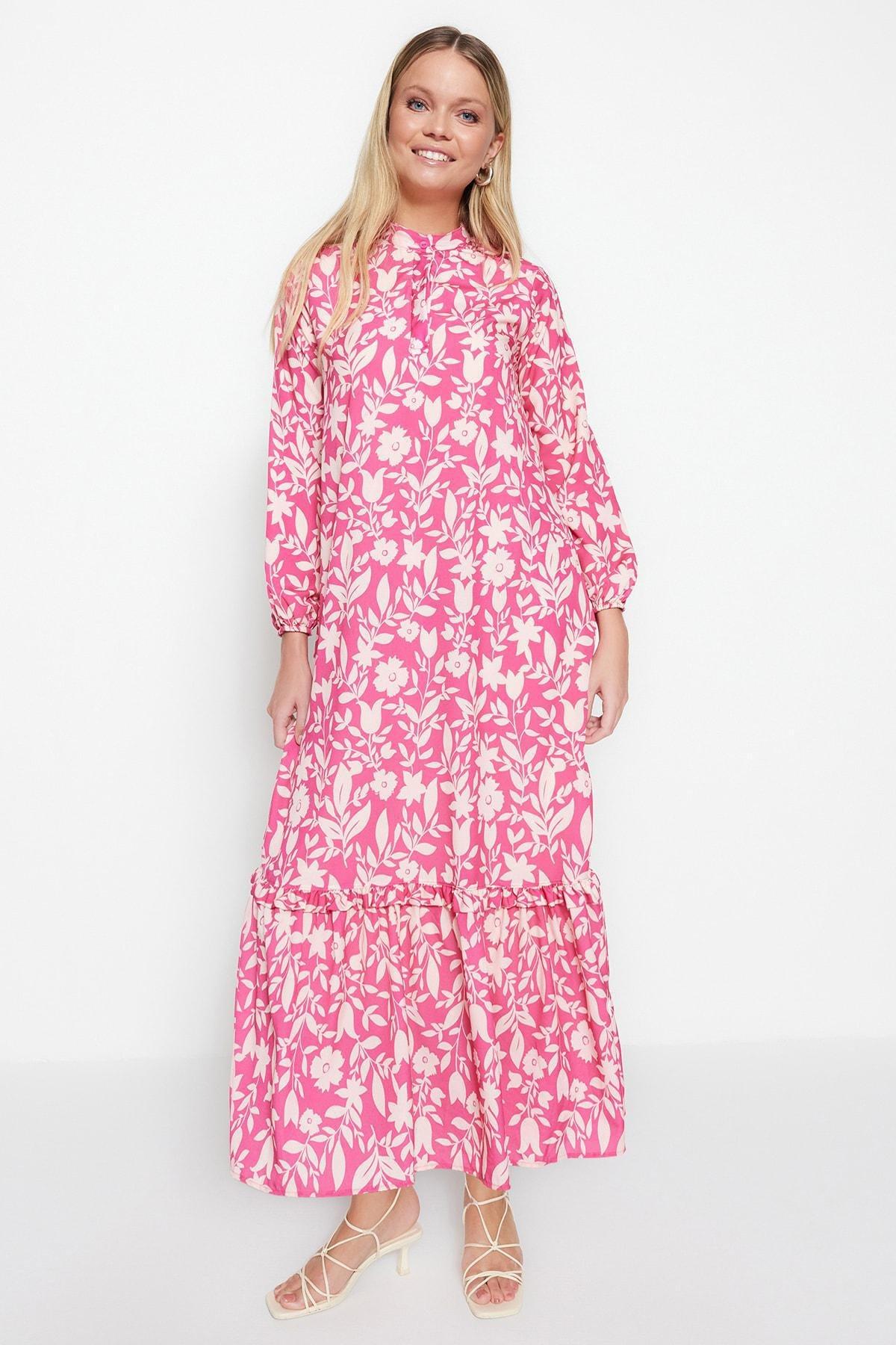 Purple Floral Standing Collar A-Line Dress, , large image number 0