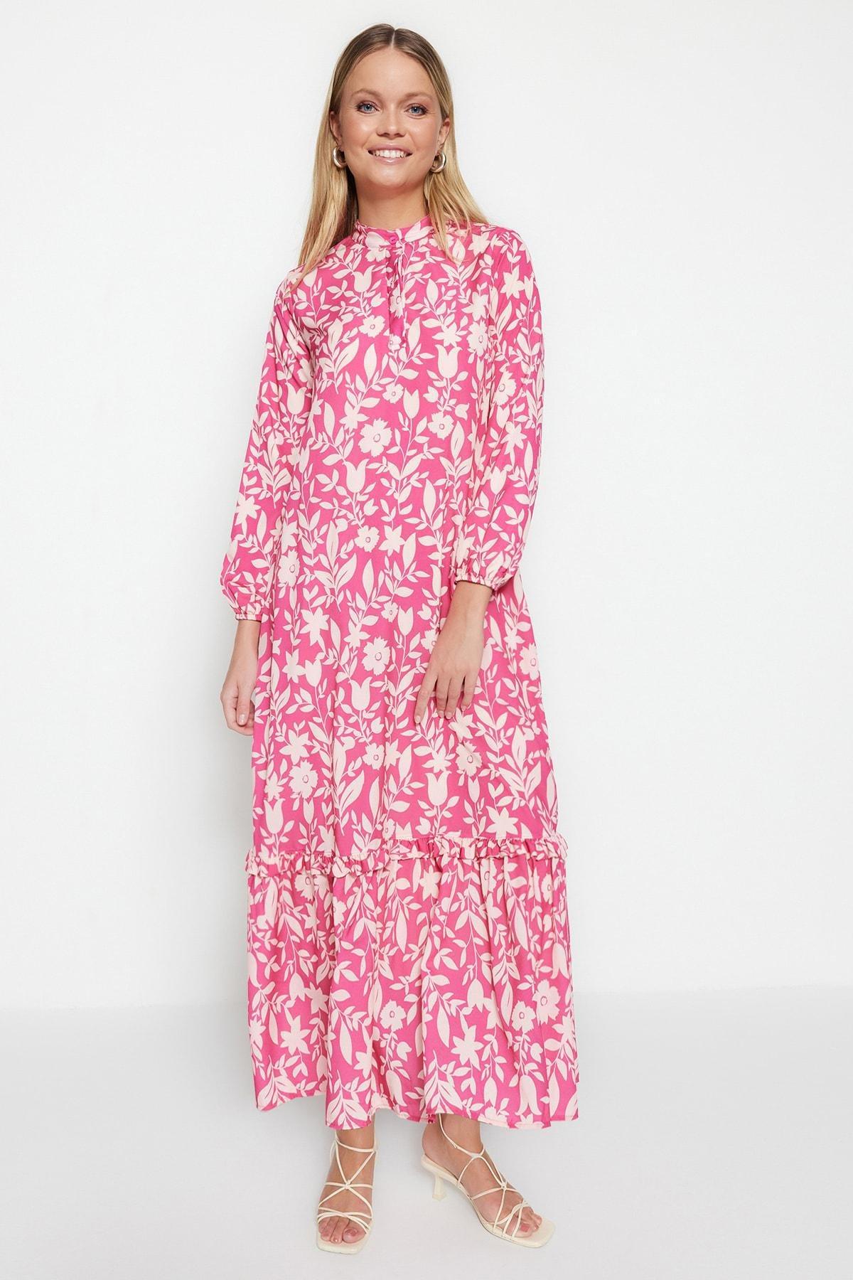 Purple Floral Standing Collar A-Line Dress, , large image number 1