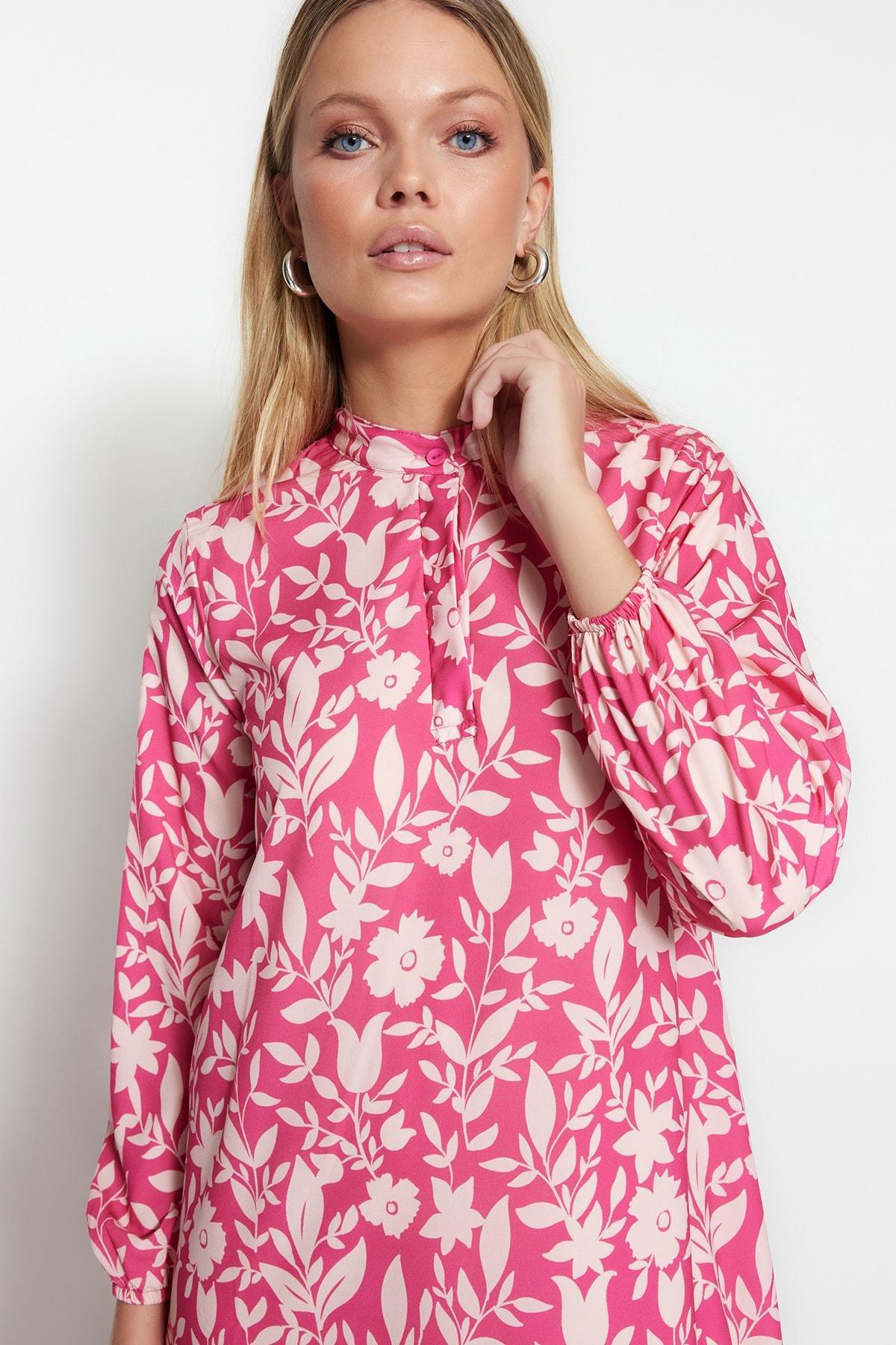 Purple Floral Standing Collar A-Line Dress, , large image number 2