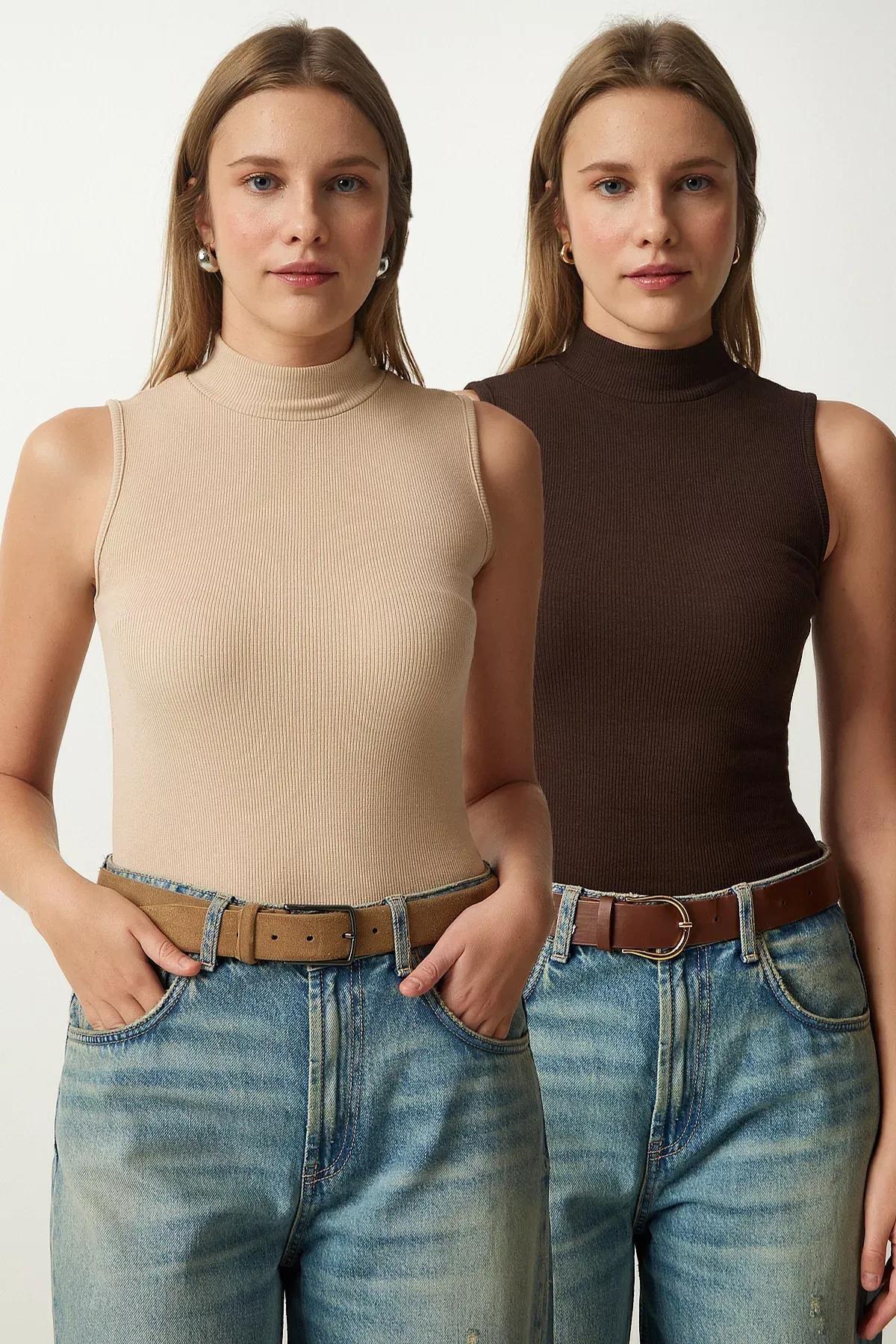 Cream Turtleneck Sleeveless Knitted Blouses, Cream Dark Brown, large image number 0