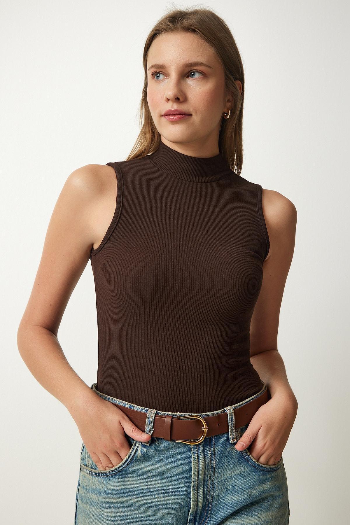 Cream Turtleneck Sleeveless Knitted Blouses, Cream Dark Brown, large image number 5