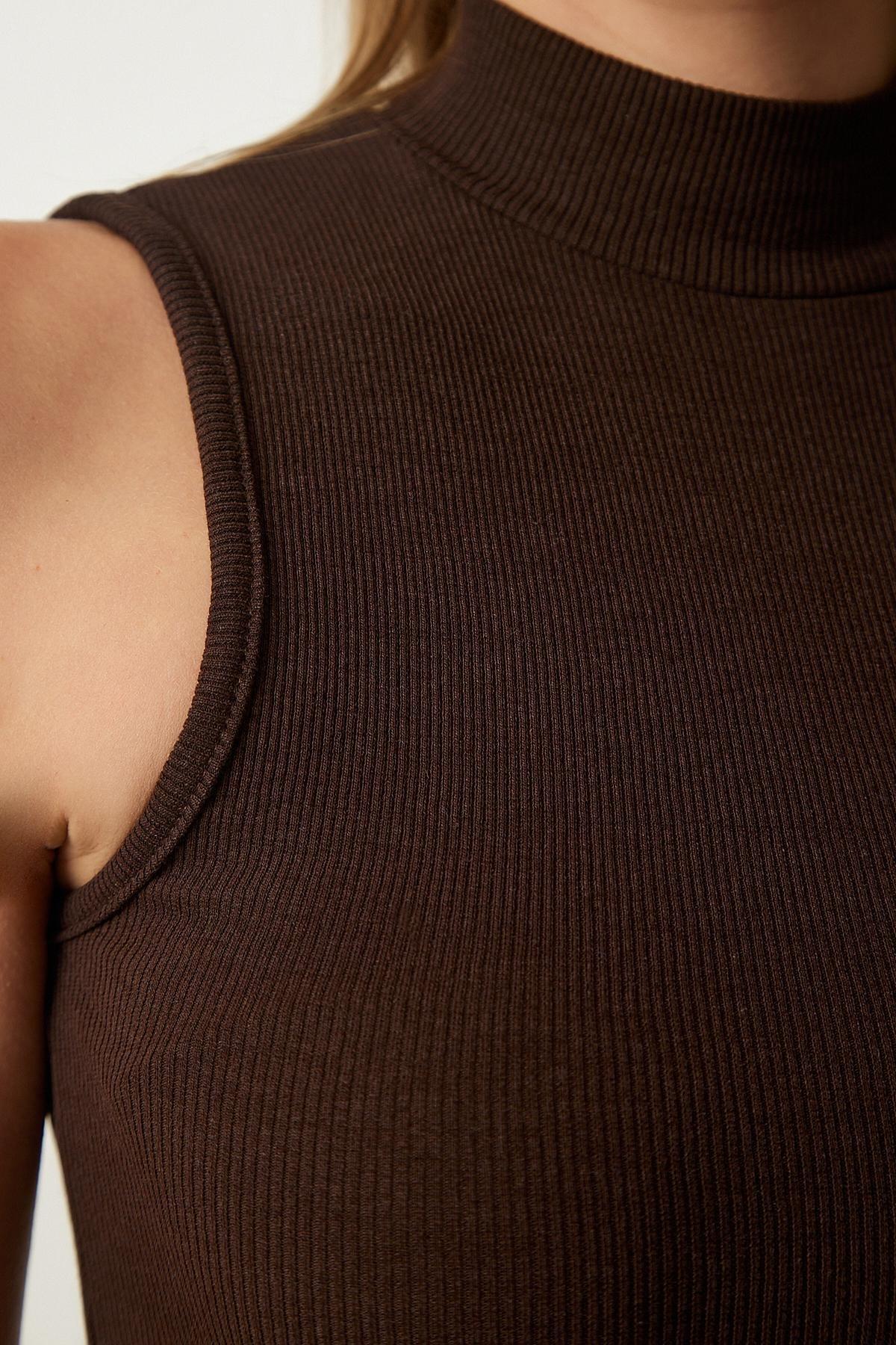 Cream Turtleneck Sleeveless Knitted Blouses, Cream Dark Brown, large image number 6