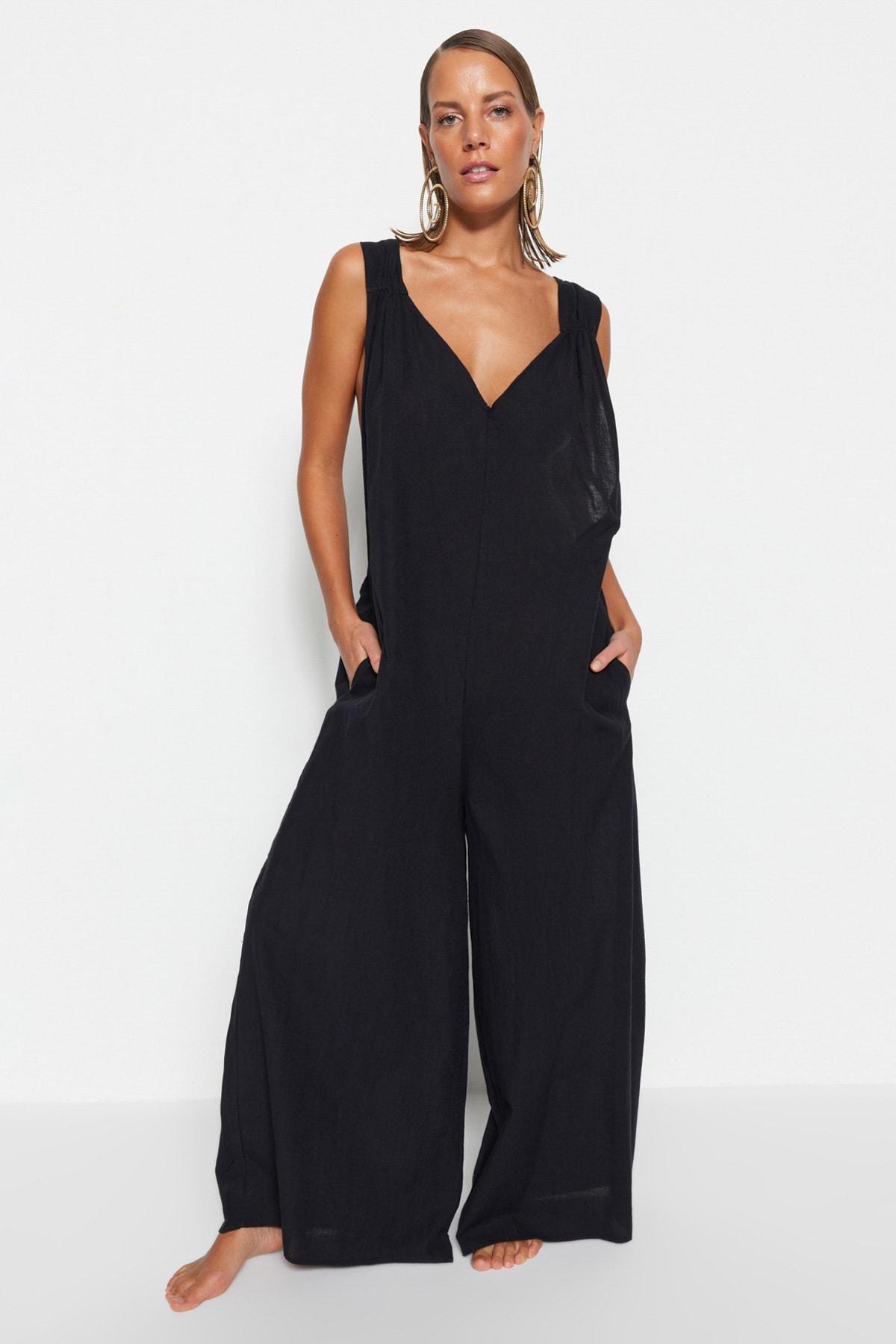 Black Relaxed Long Jumpsuit, , large image number 1