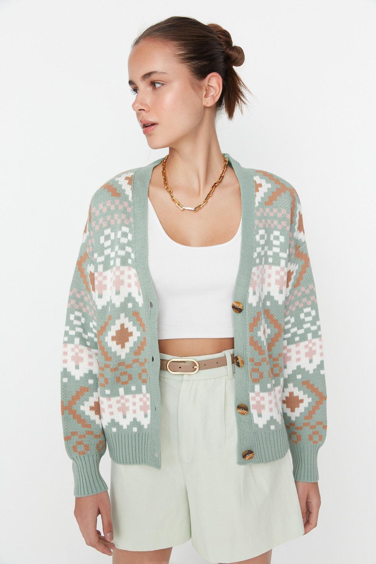 Green V-Neck Cardigan, , large image number 0