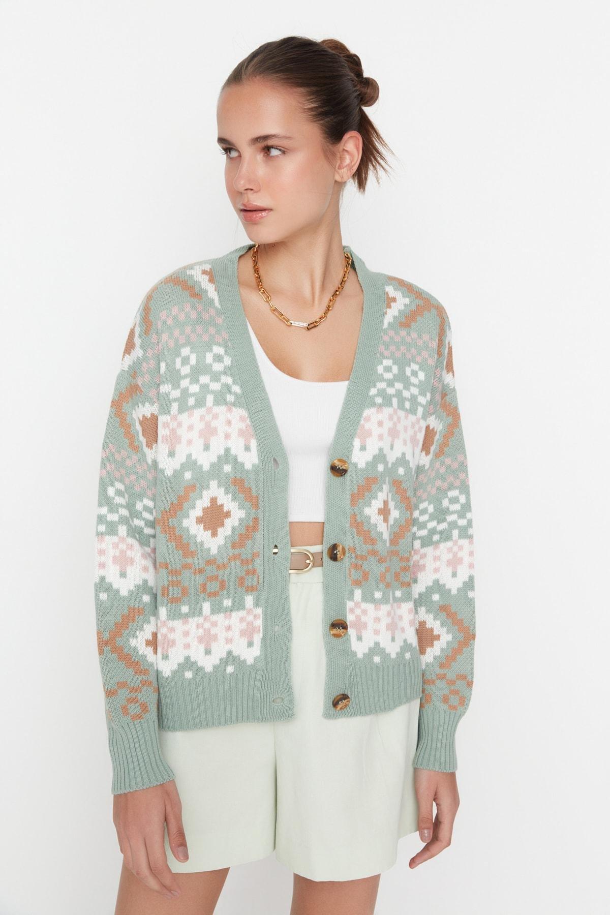 Green V-Neck Cardigan, , large image number 1
