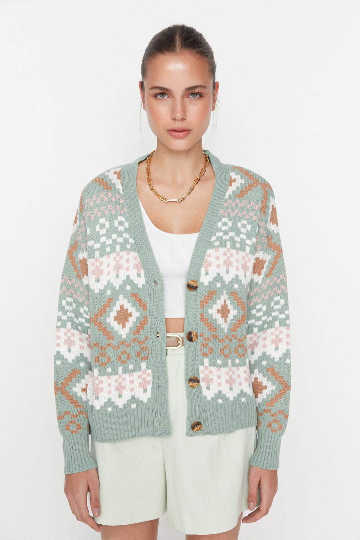Green V-Neck Cardigan, , large image number 3