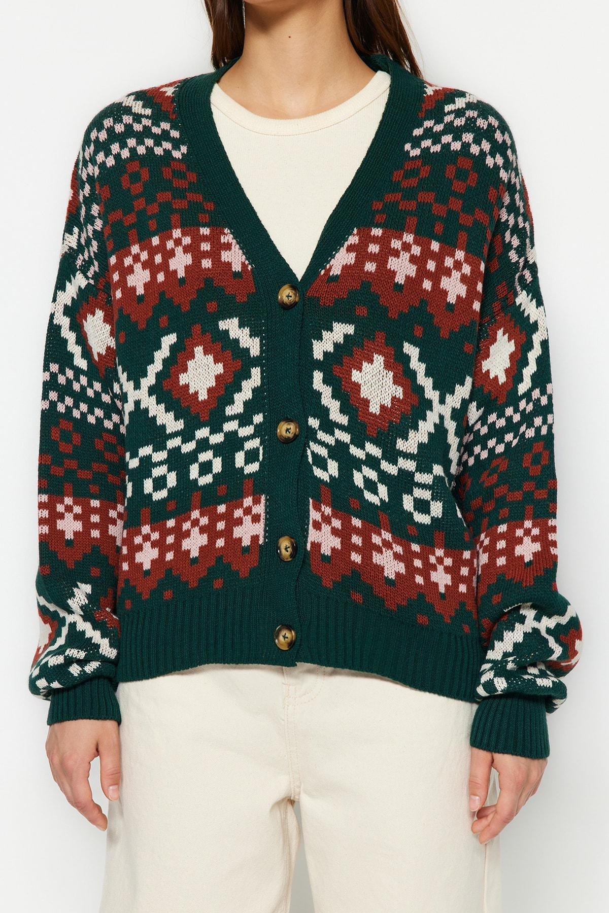 Green V-Neck Cardigan, , large image number 4