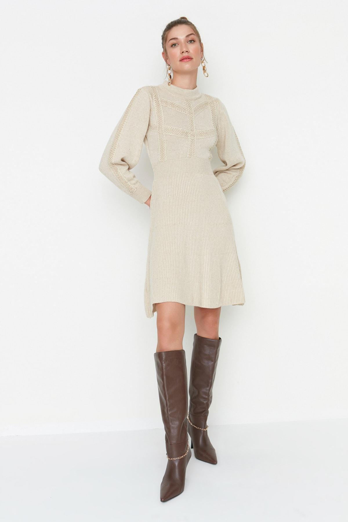 Beige A Line Crew Neck Dress, , large image number 0