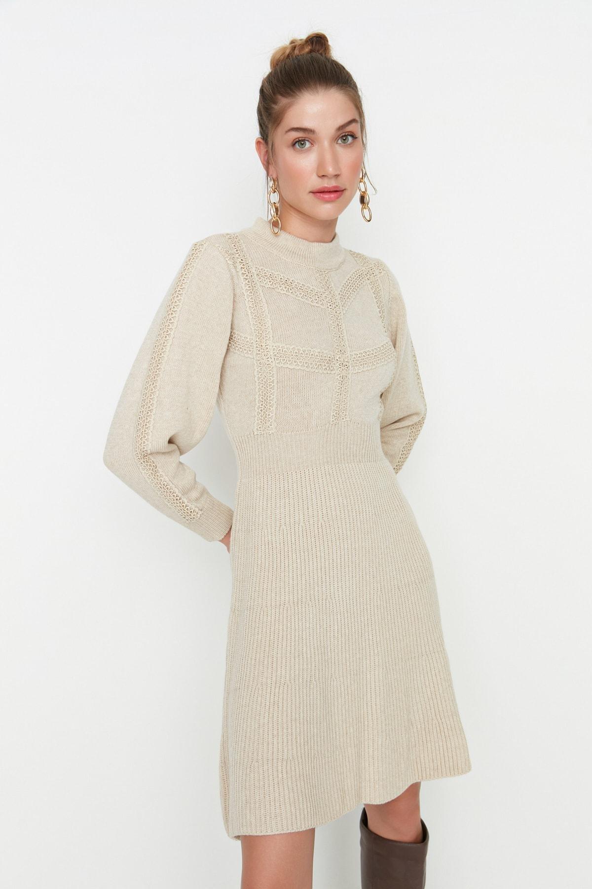 Beige A Line Crew Neck Dress, , large image number 1