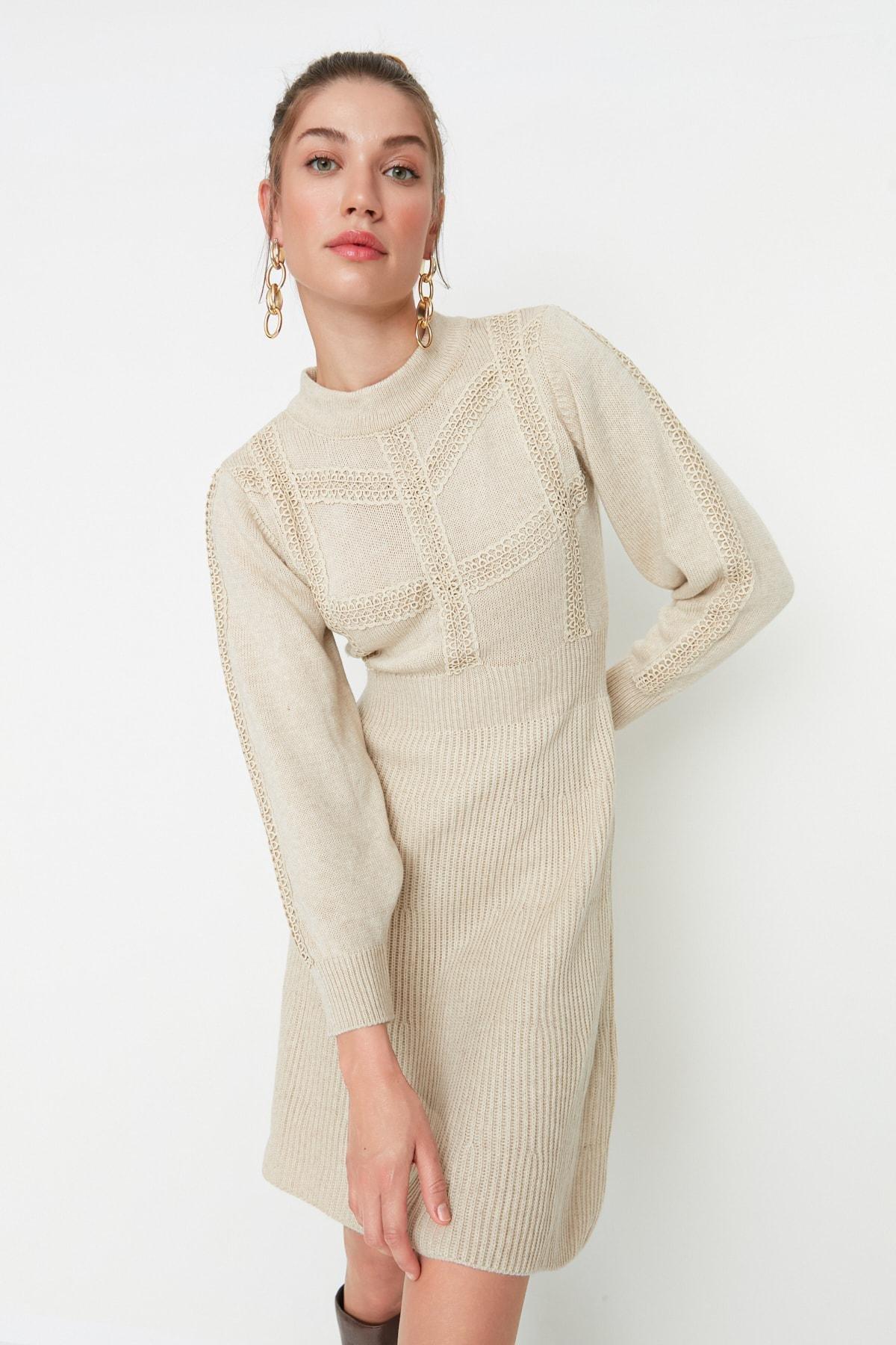 Beige A Line Crew Neck Dress, , large image number 2