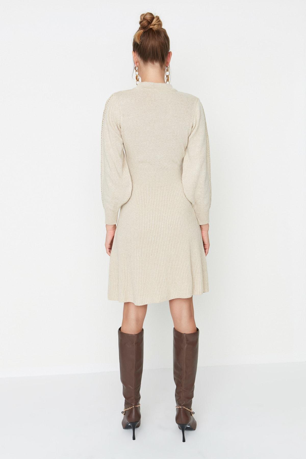 Beige A Line Crew Neck Dress, , large image number 4