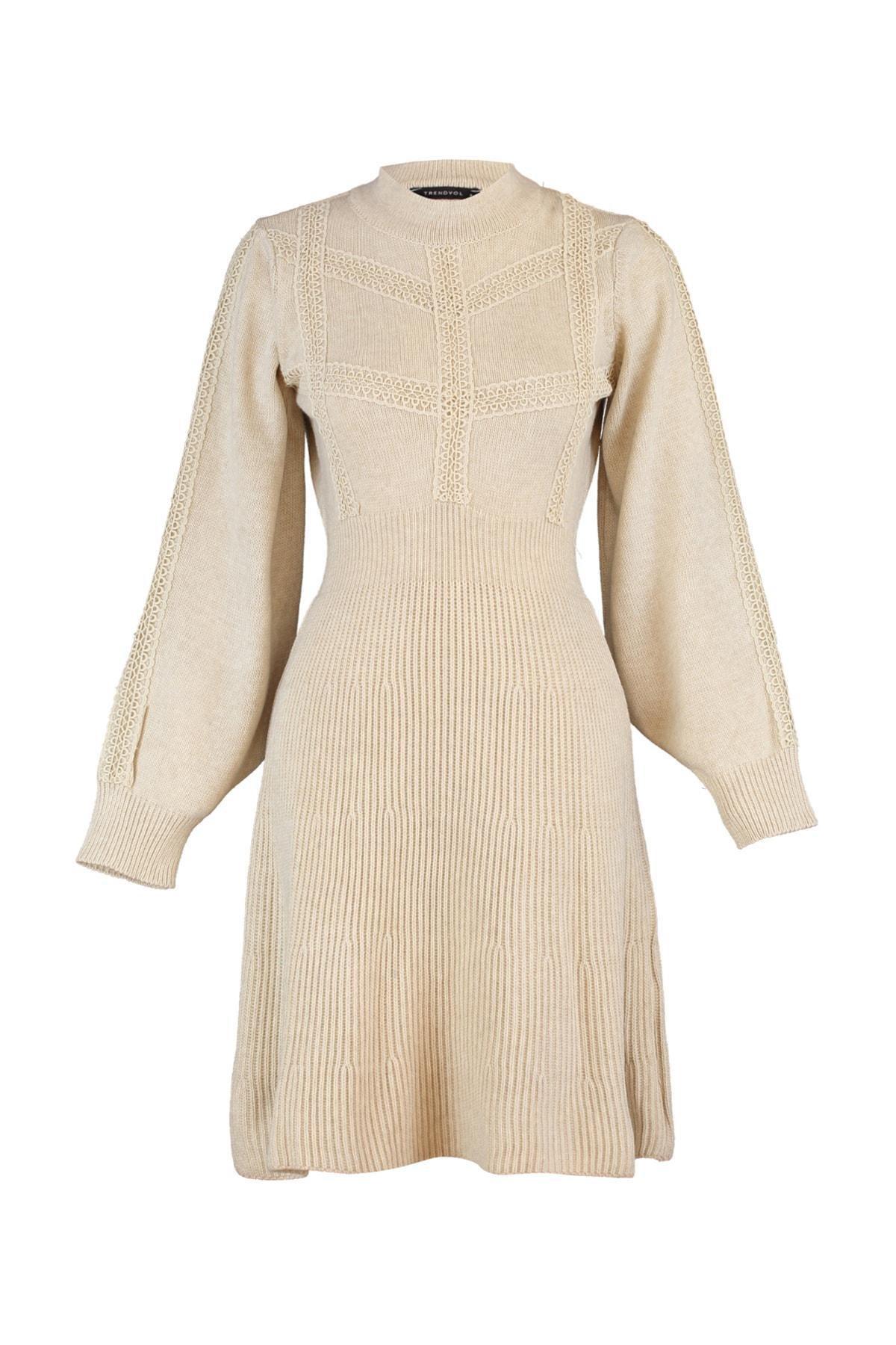 Beige A Line Crew Neck Dress, , large image number 6