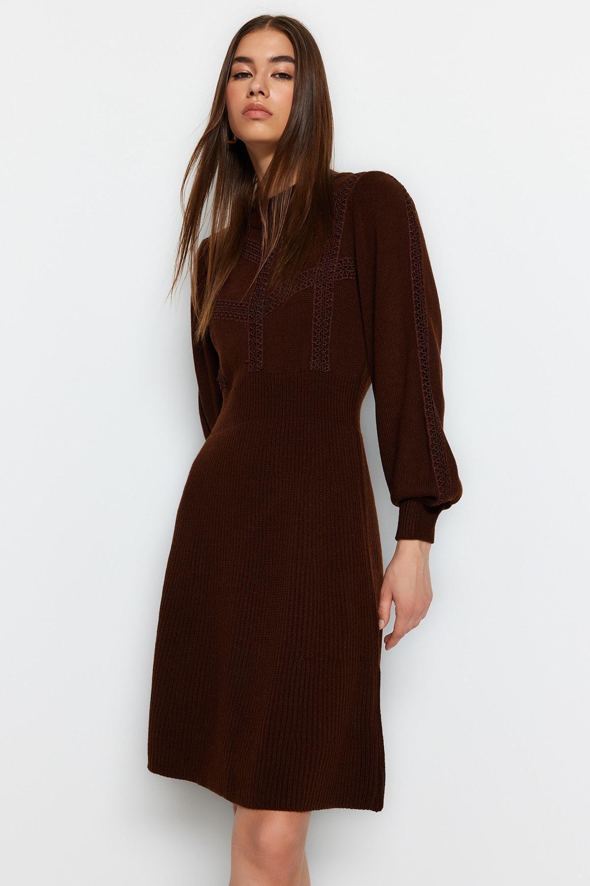 Brown Crew Neck A-Line Dress, Brown, large image number 0