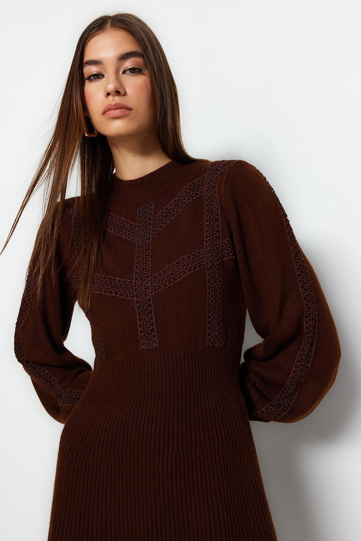 Brown Crew Neck A-Line Dress, Brown, large image number 1