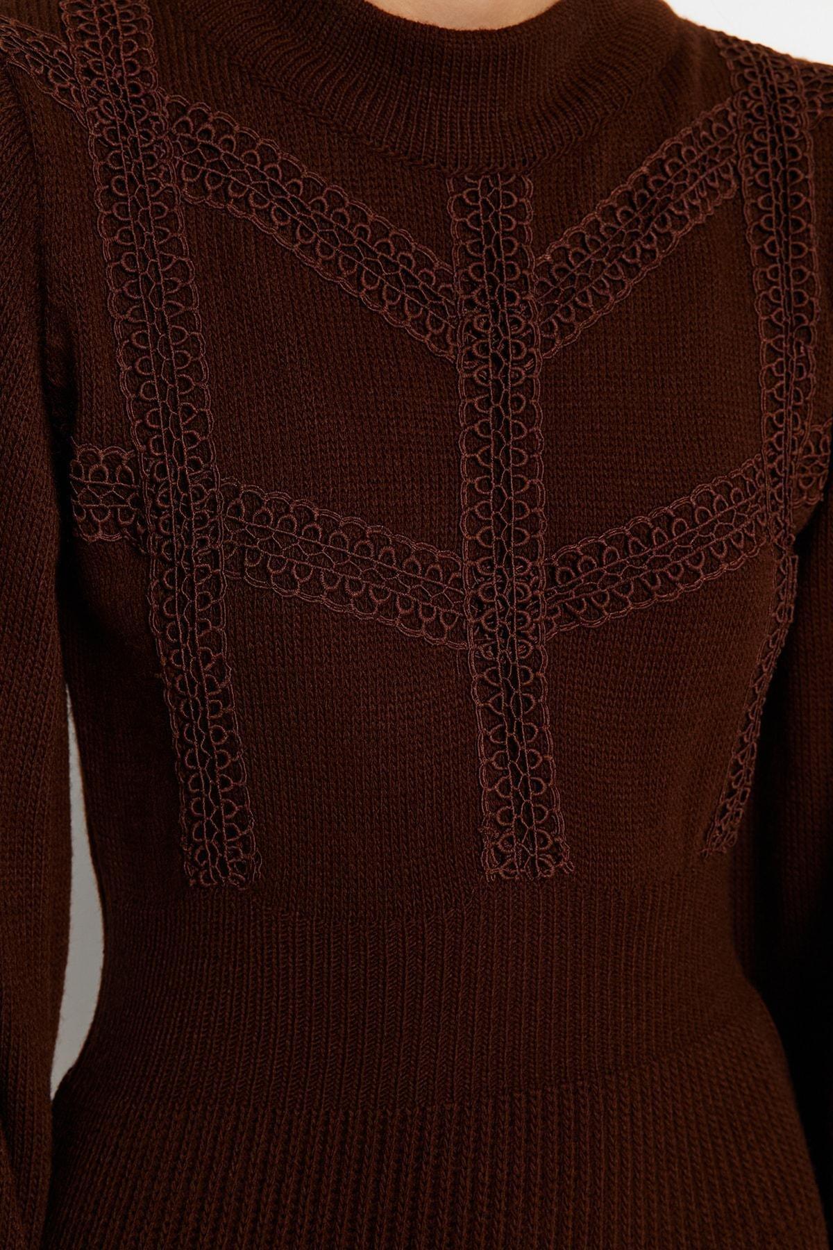 Brown Crew Neck A-Line Dress, Brown, large image number 4