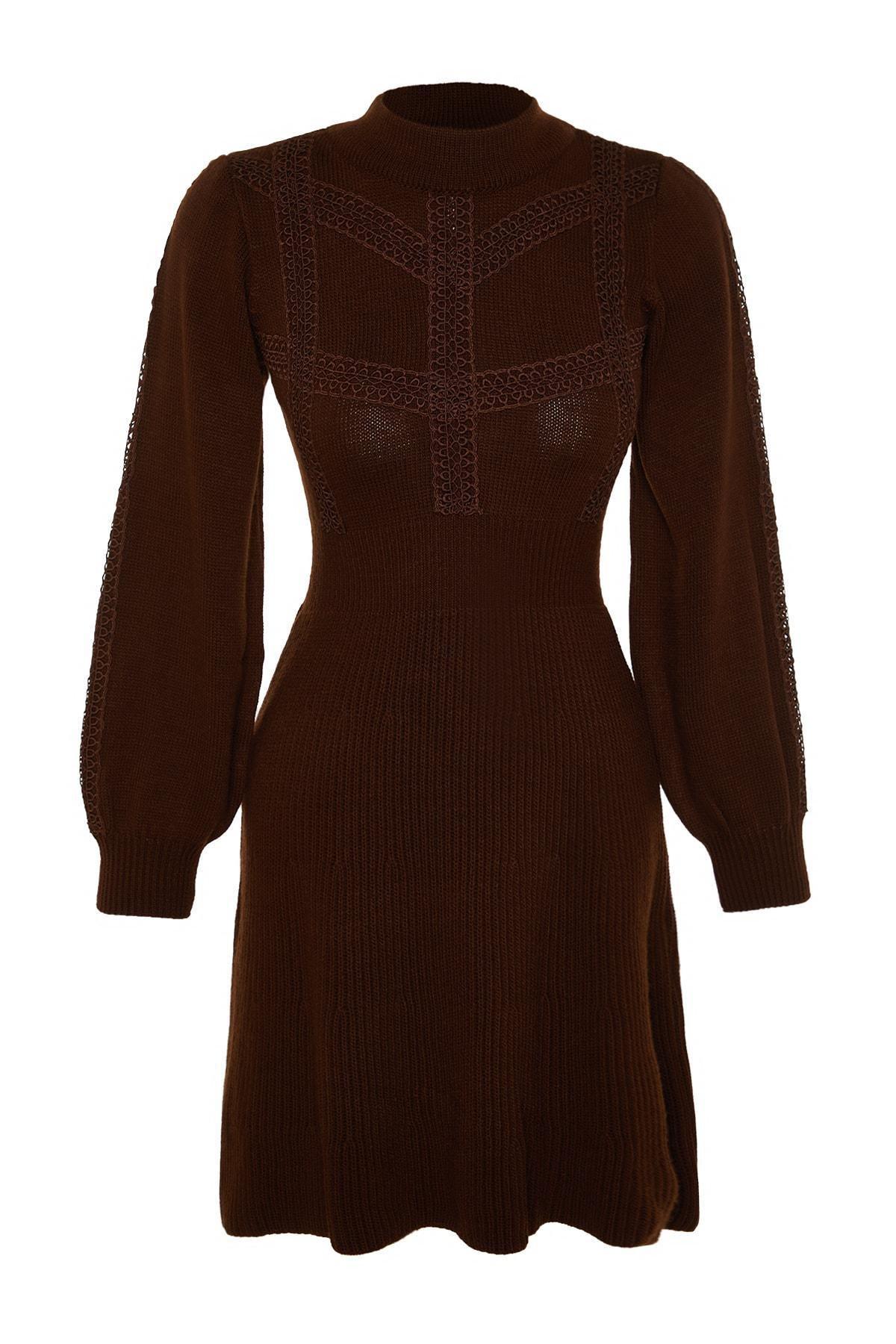 Brown Crew Neck A-Line Dress, Brown, large image number 5