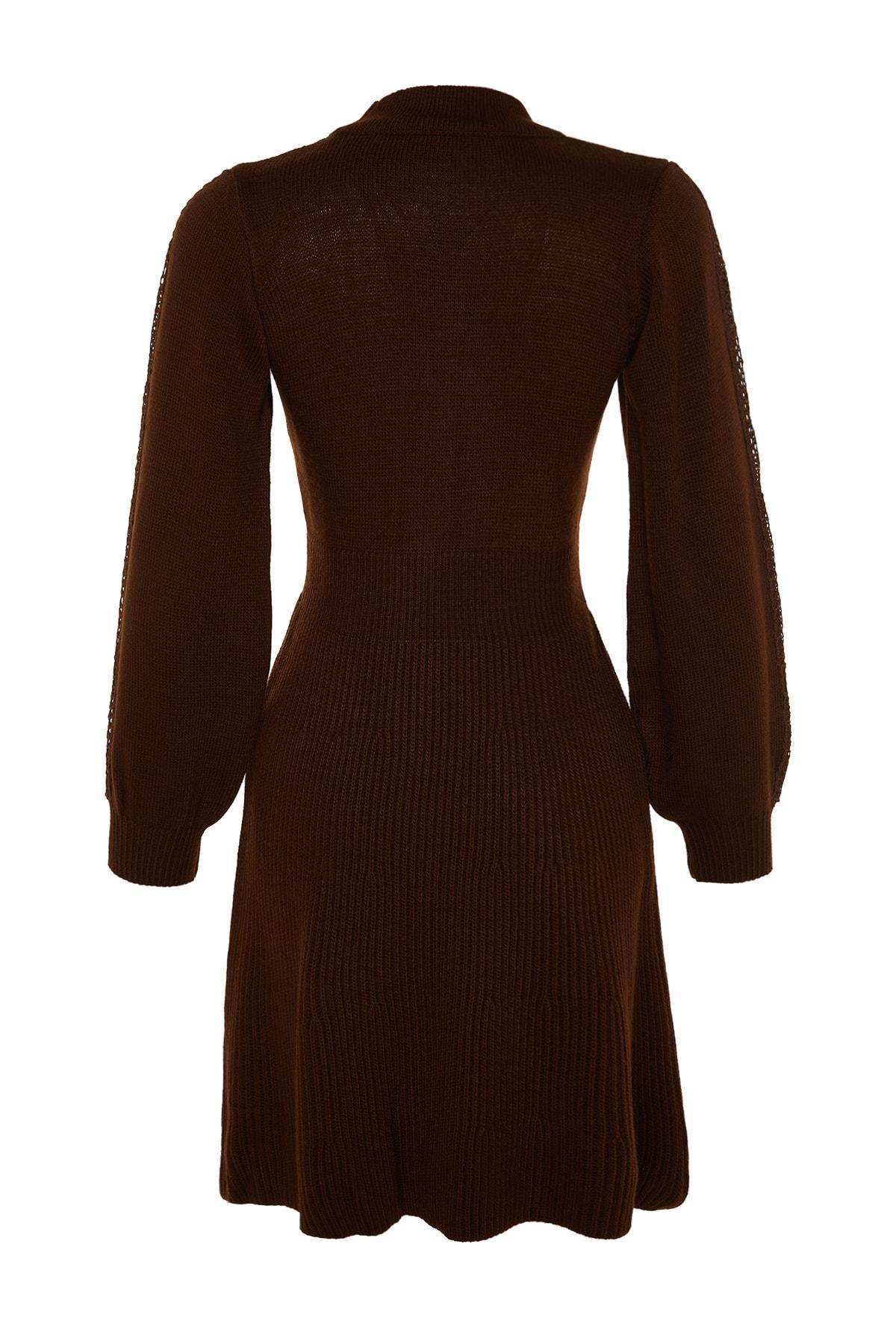 Brown Crew Neck A-Line Dress, Brown, large image number 6