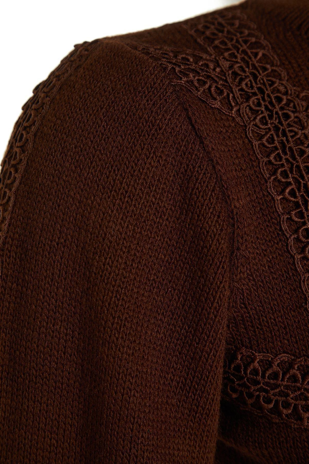 Brown Crew Neck A-Line Dress, Brown, large image number 7