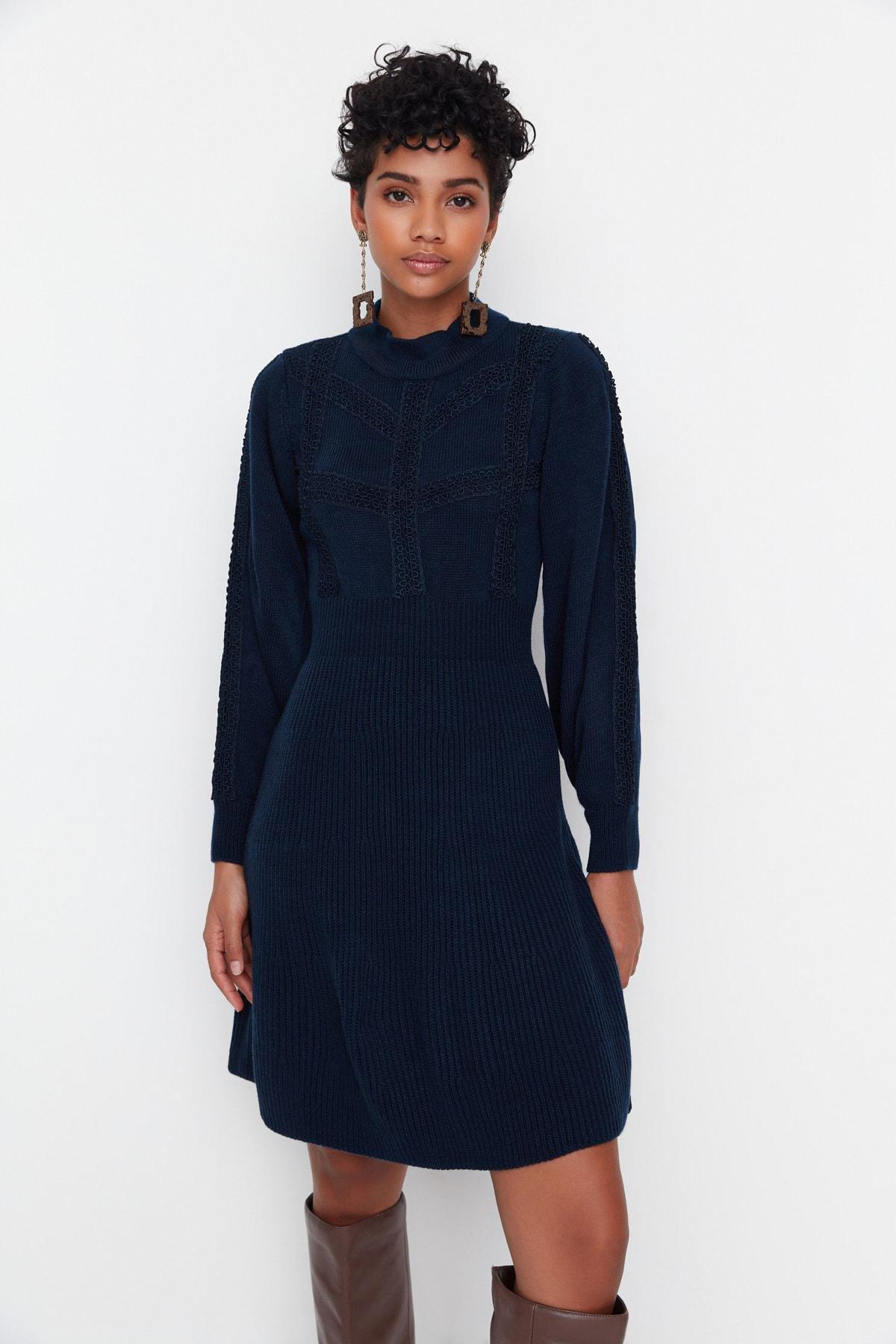 Navy Crew Neck A-Line Dress, , large image number 0