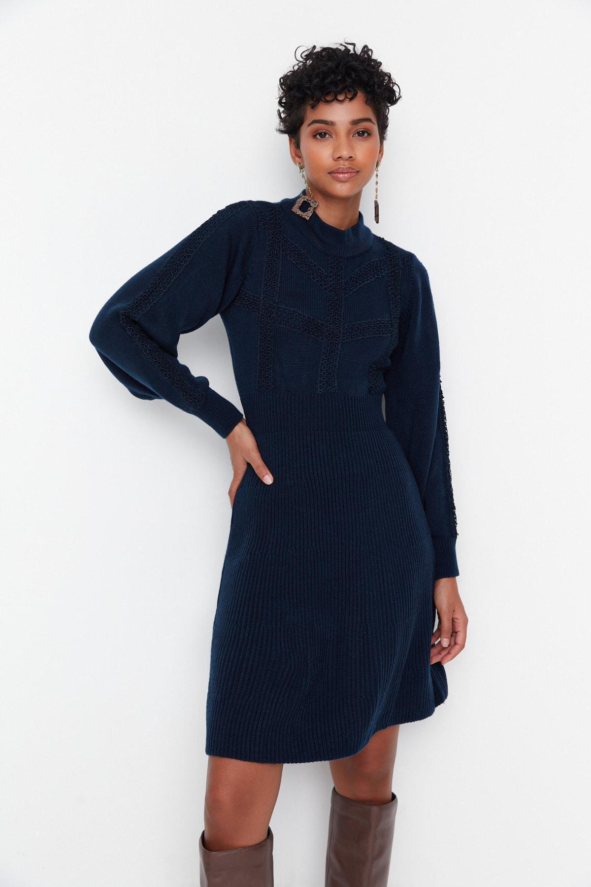 Navy Crew Neck A-Line Dress, , large image number 1