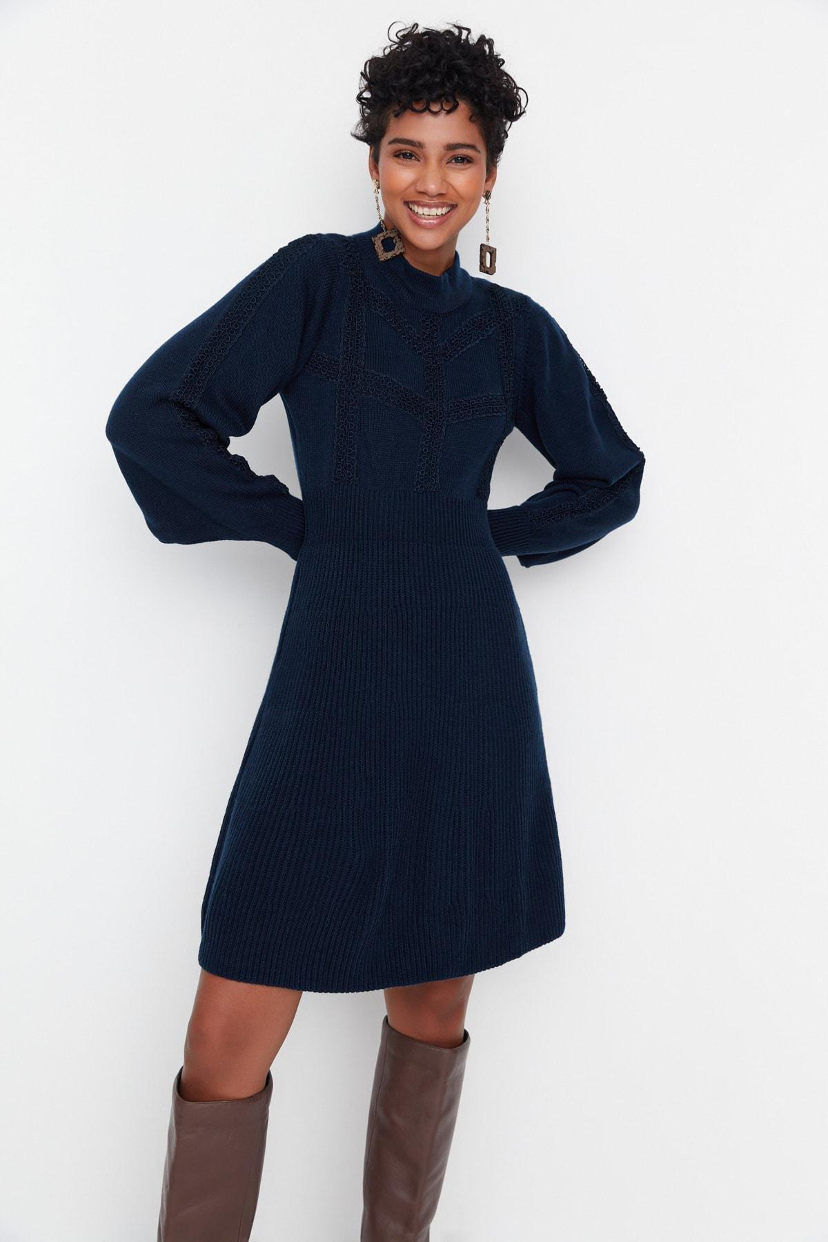 Navy Crew Neck A-Line Dress, , large image number 2