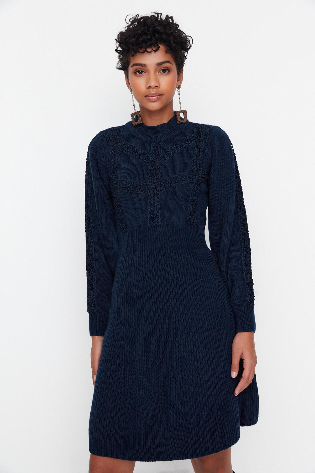 Navy Crew Neck A-Line Dress, , large image number 3