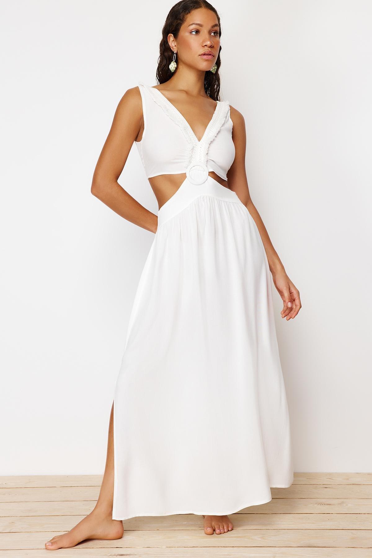 White Maxi Knitted Tassels Beach Dress, , large image number 0