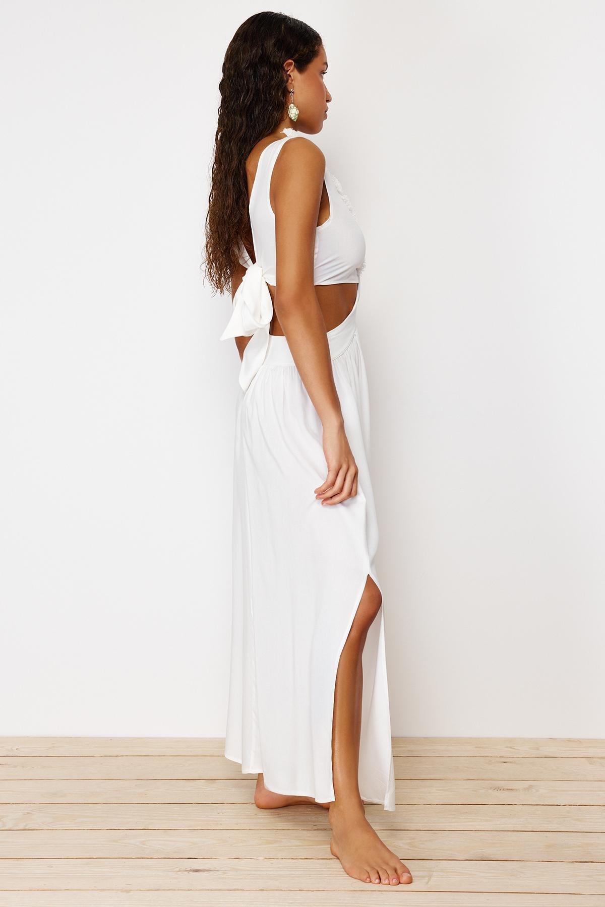White Maxi Knitted Tassels Beach Dress, , large image number 2