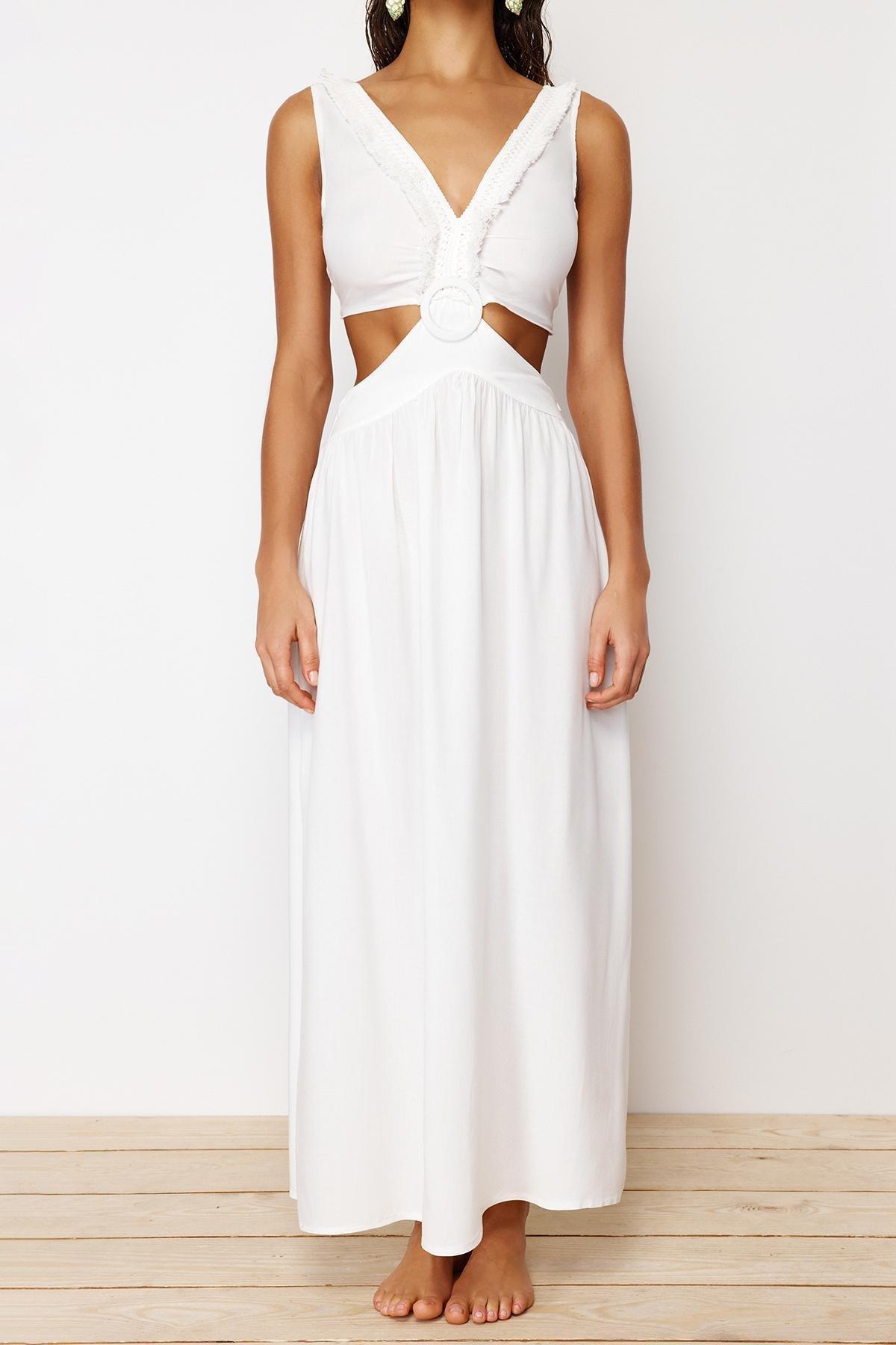White Maxi Knitted Tassels Beach Dress, , large image number 4