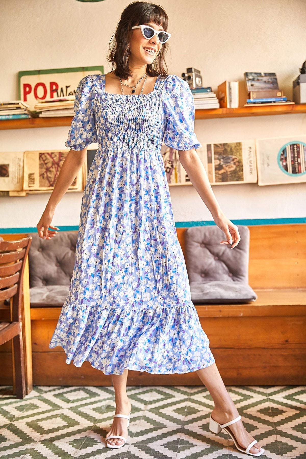 Blue Floral Woven Dress, , large image number 0