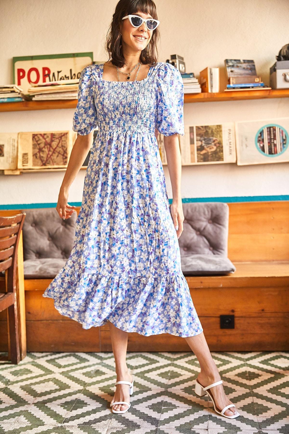 Blue Floral Woven Dress, , large image number 1