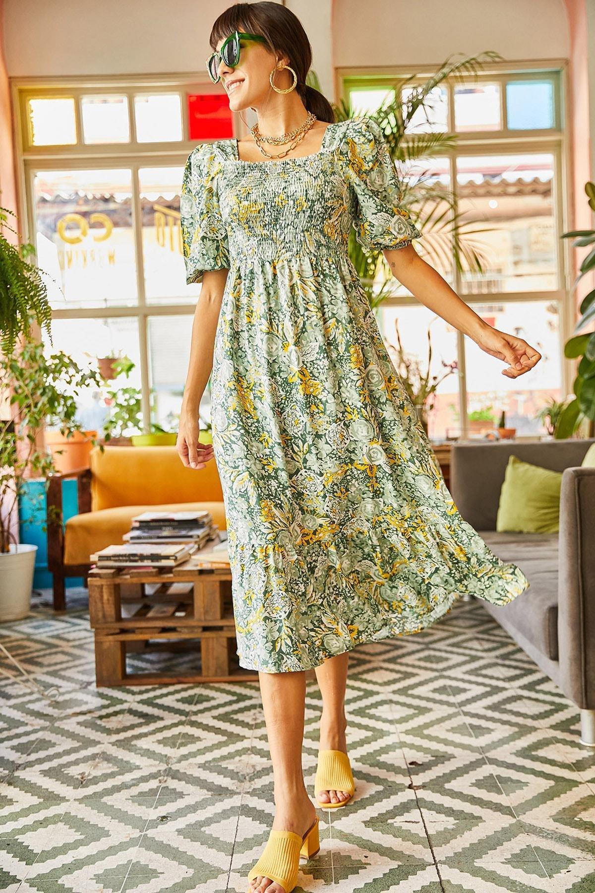 Green Floral Woven Dress, Green Yellow, large image number 0