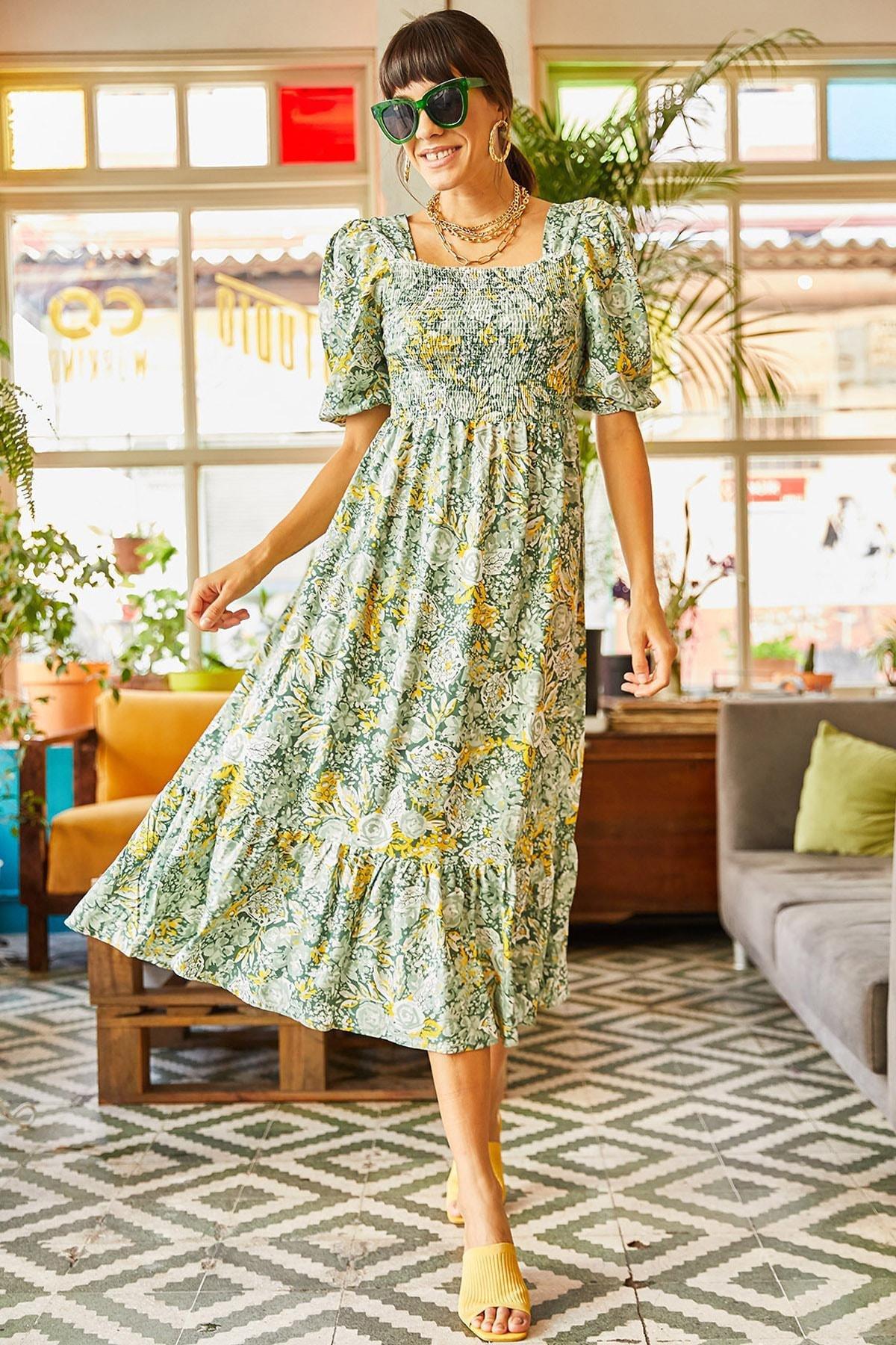 Green Floral Woven Dress, Green Yellow, large image number 1