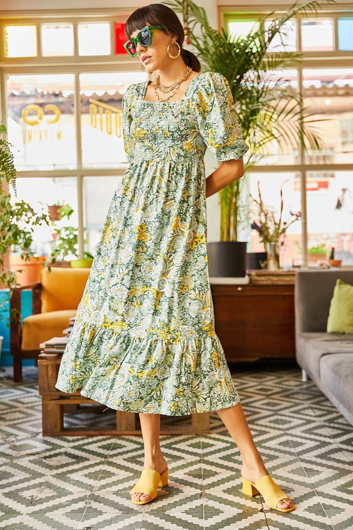Green Floral Woven Dress, Green Yellow, large image number 2