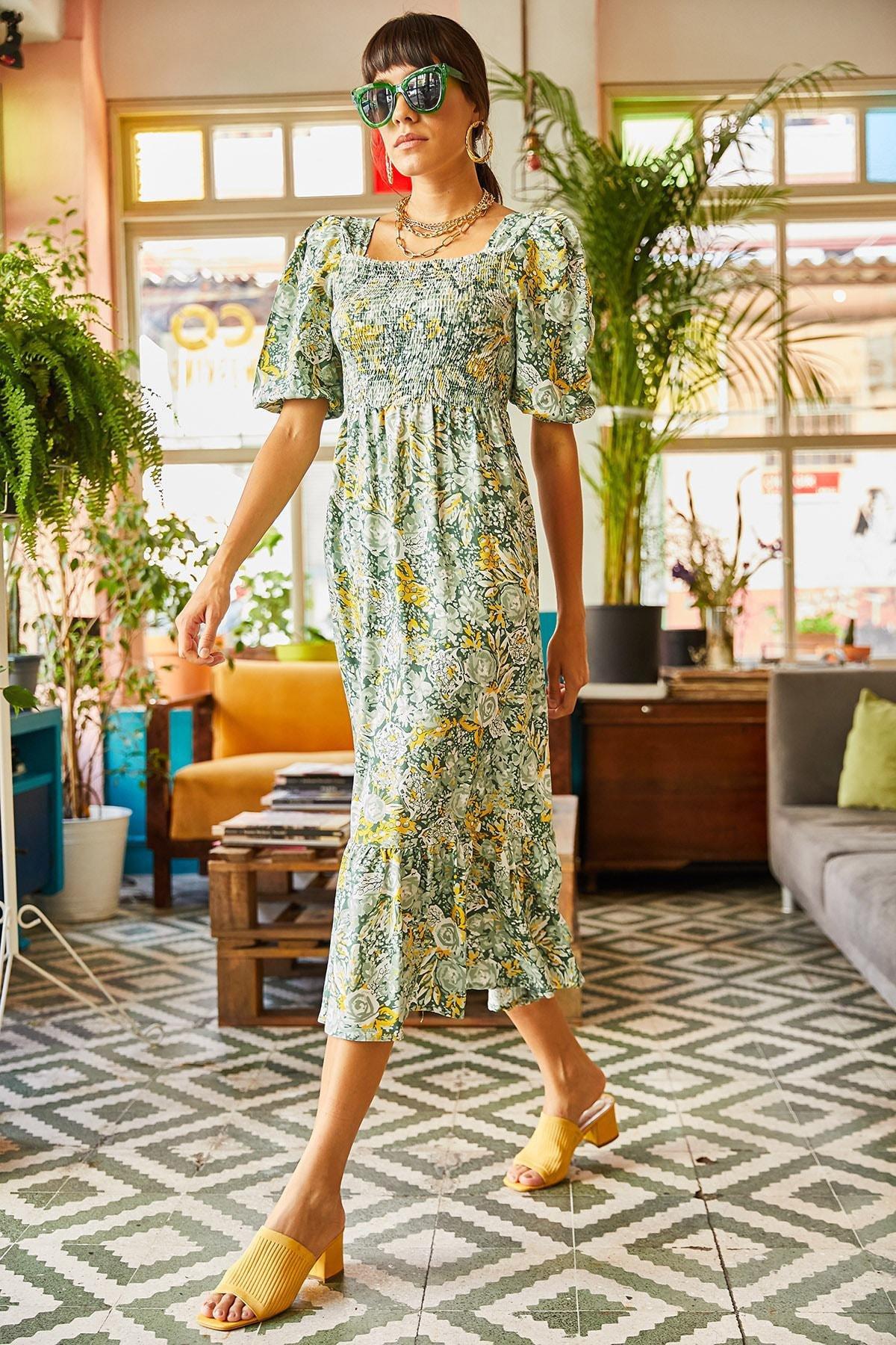 Green Floral Woven Dress, Green Yellow, large image number 3