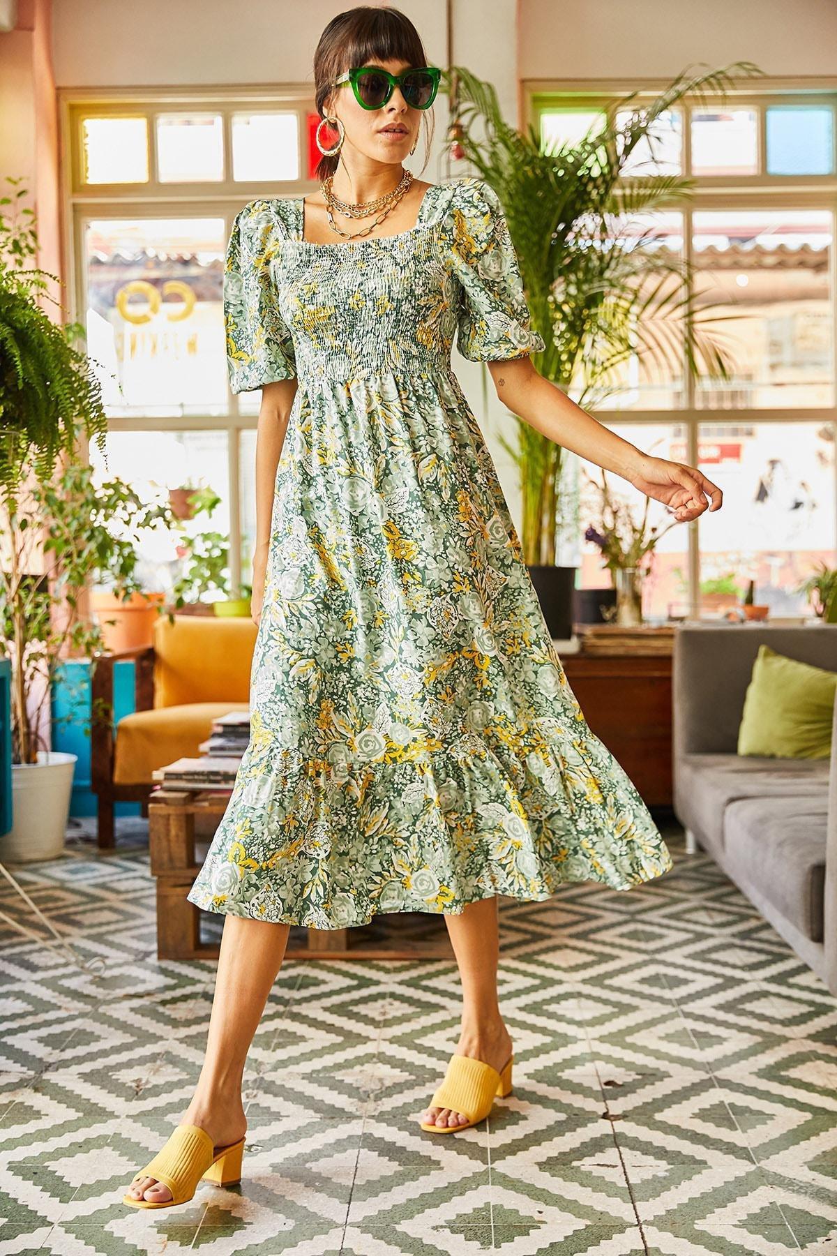 Green Floral Woven Dress, Green Yellow, large image number 4