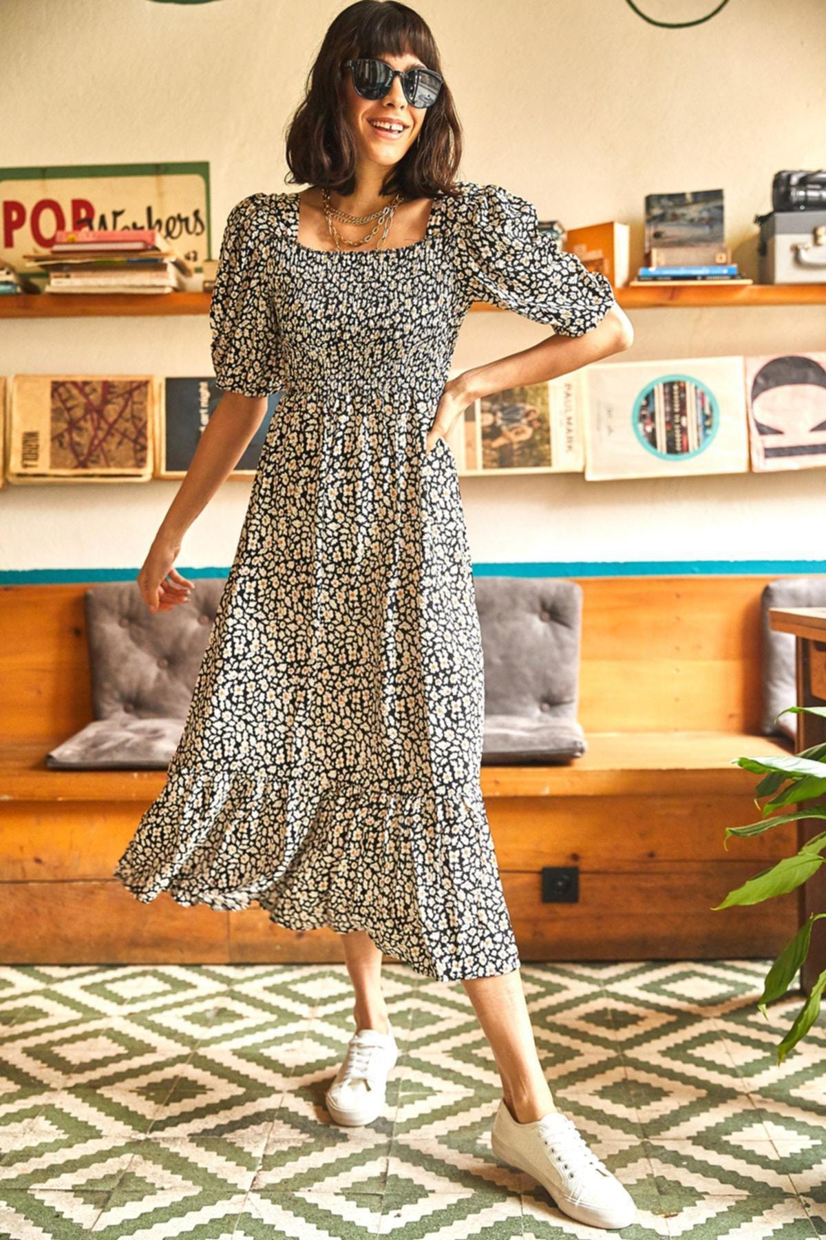 Black Loose Woven Dress, Black Daisy, large image number 1
