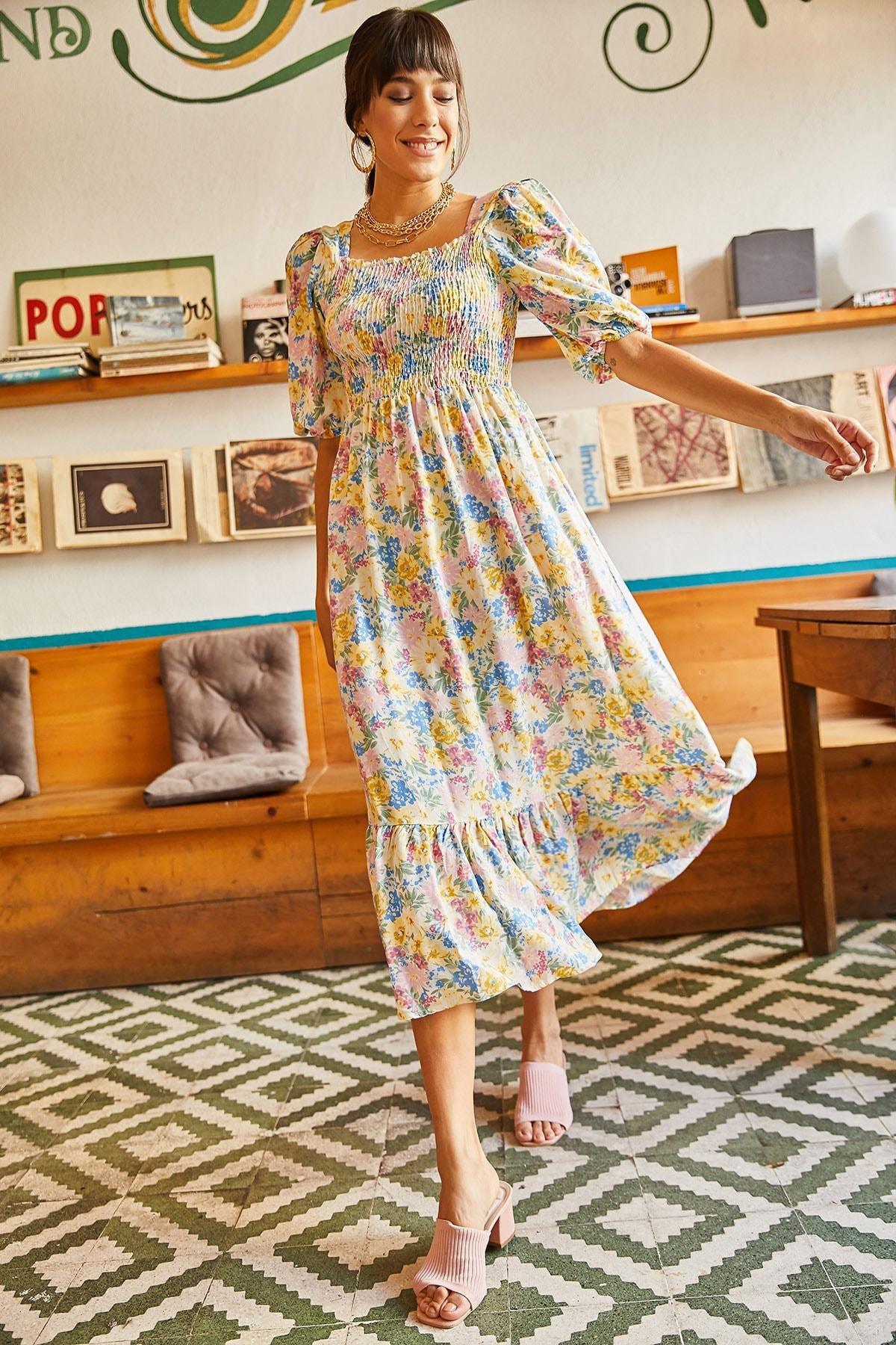 Multicolour Floral Woven Dress, Yellow Blue, large image number 0