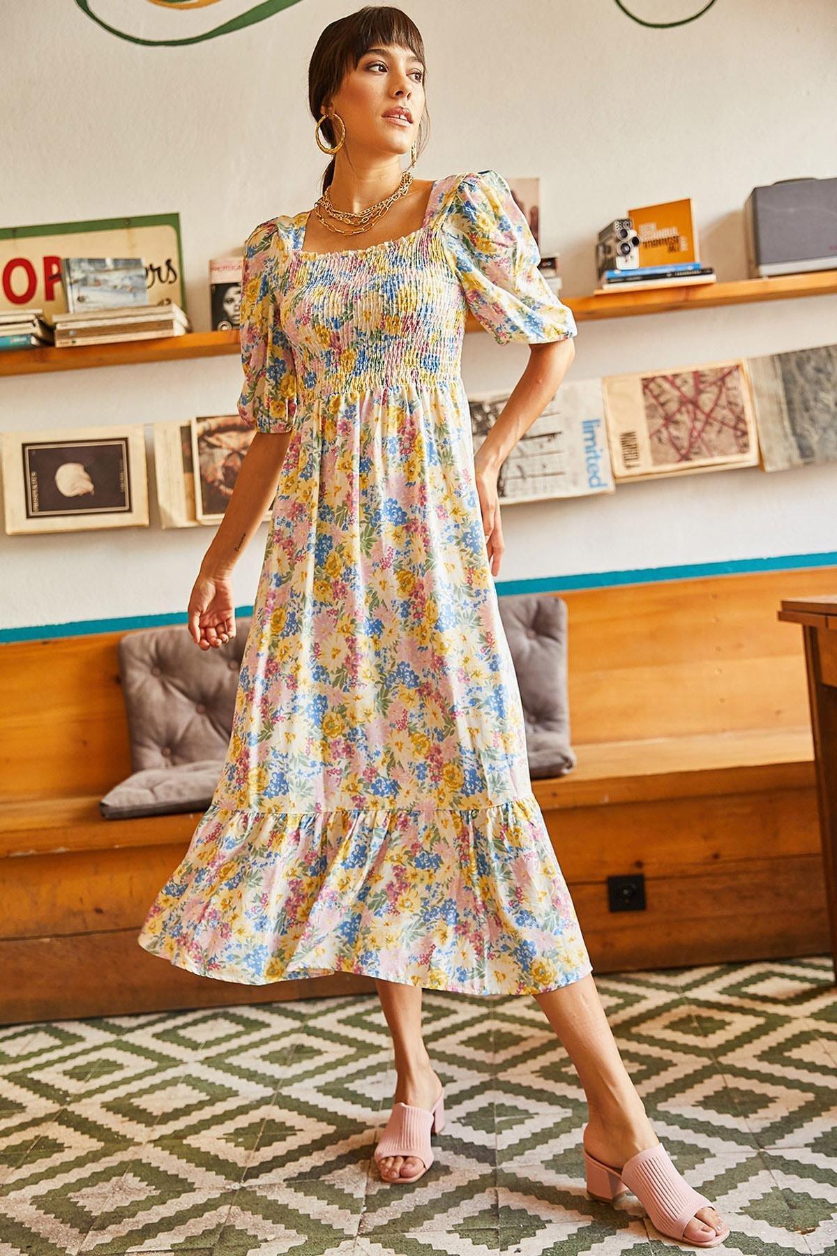 Multicolour Floral Woven Dress, Yellow Blue, large image number 1