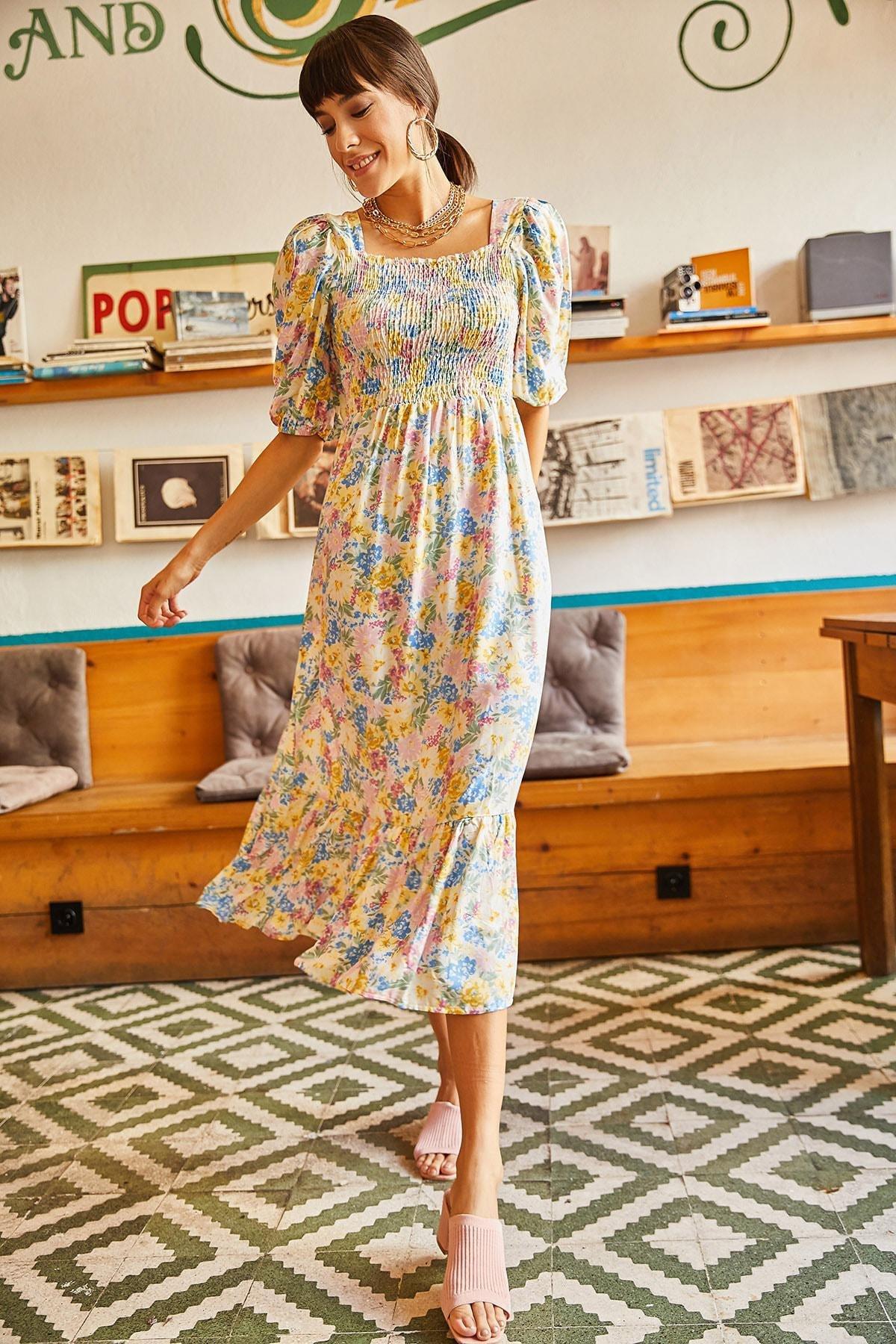 Multicolour Floral Woven Dress, Yellow Blue, large image number 3