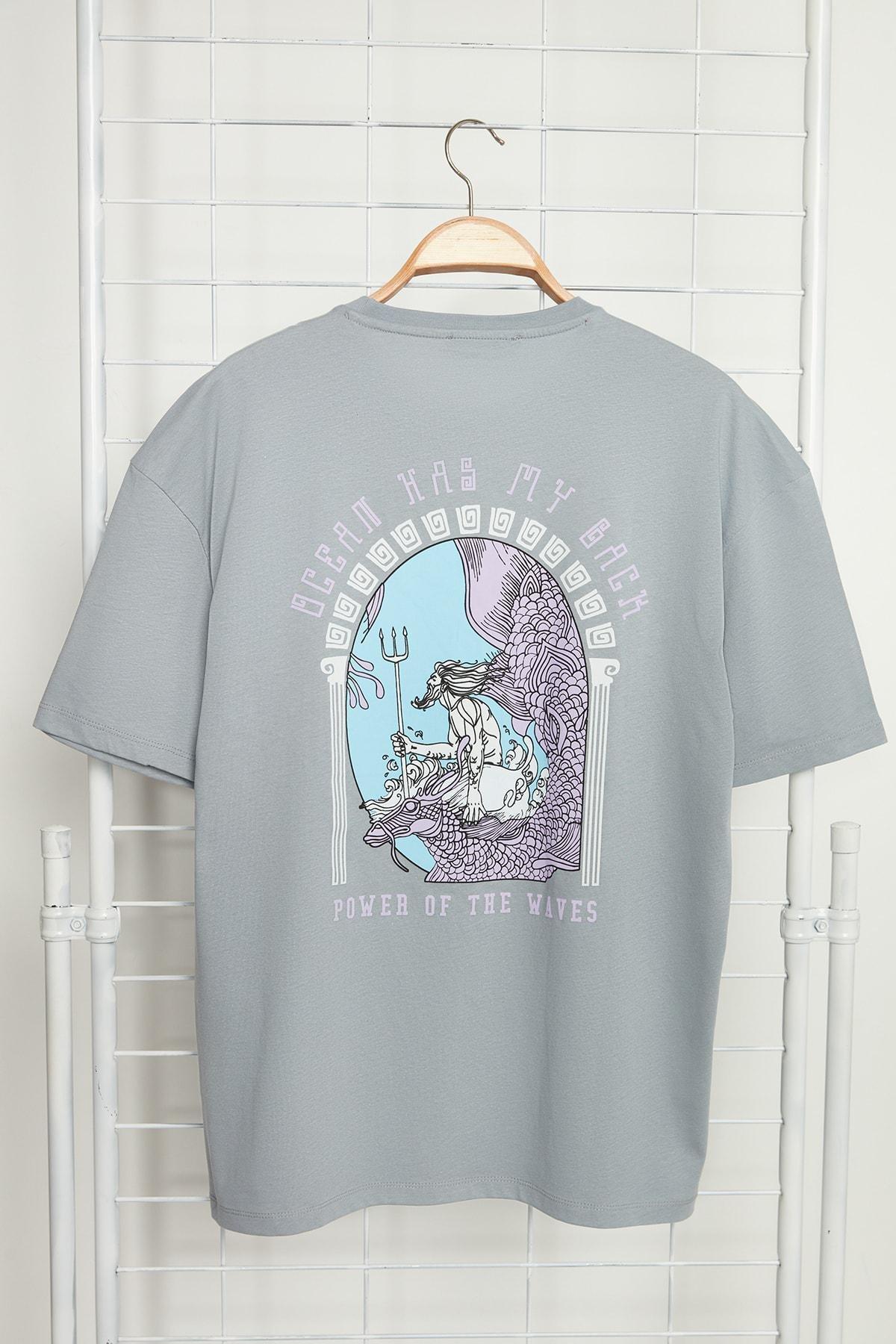 Gray Short Sleeve Artistic Print T-Shirt, , large image number 0