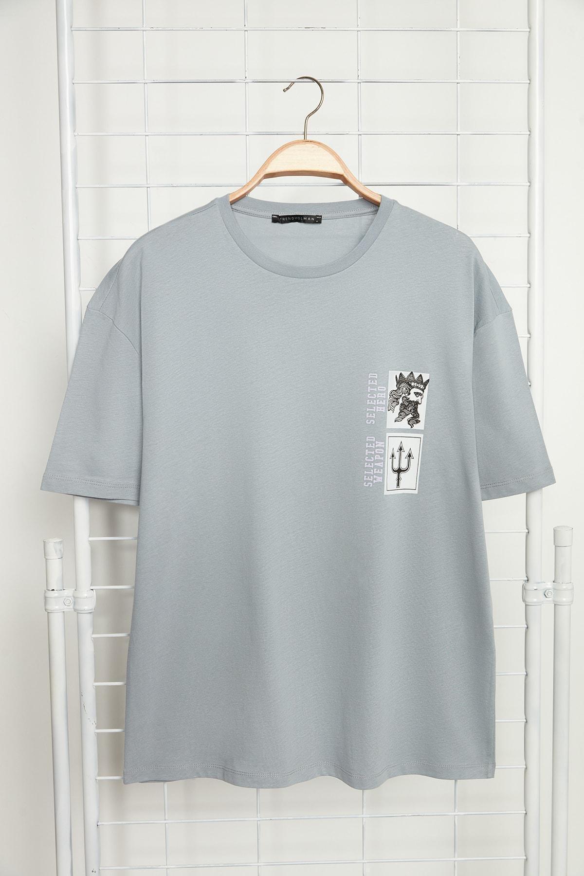 Gray Short Sleeve Artistic Print T-Shirt, , large image number 1