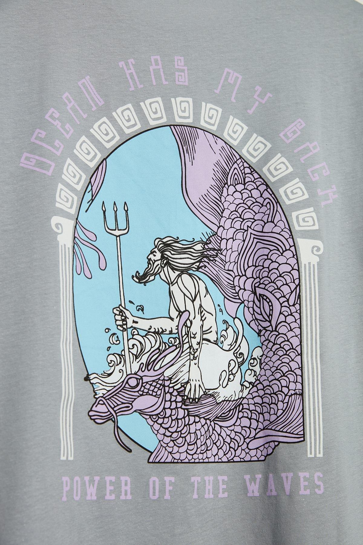 Gray Short Sleeve Artistic Print T-Shirt, , large image number 3