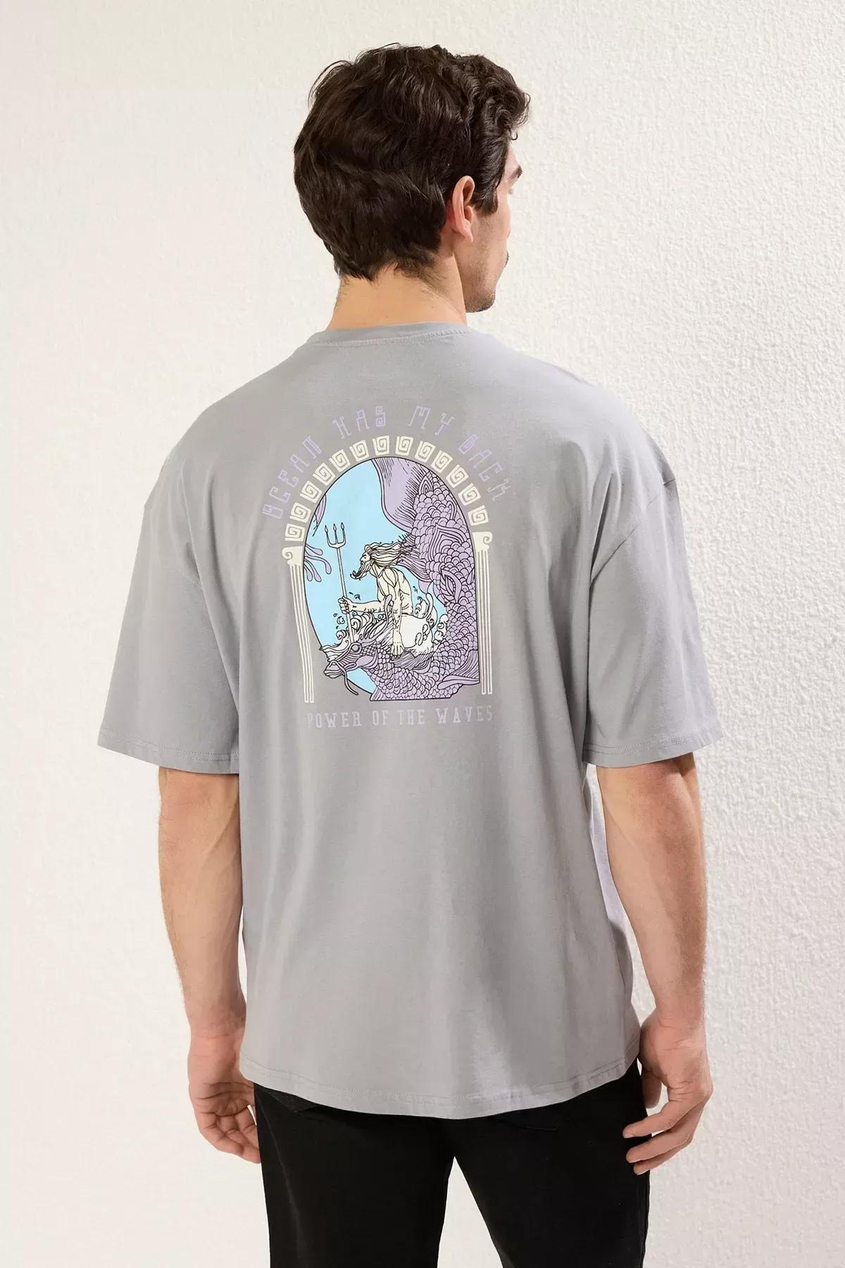 Gray Short Sleeve Artistic Print T-Shirt, Gray, large image number 7