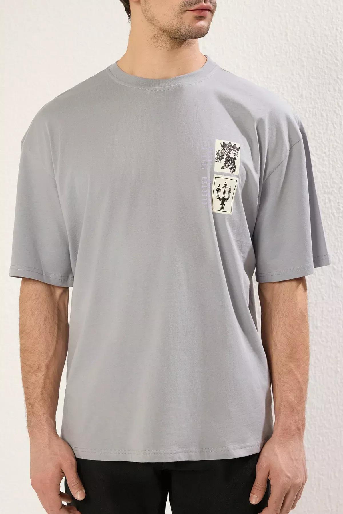 Gray Short Sleeve Artistic Print T-Shirt, Gray, large image number 8