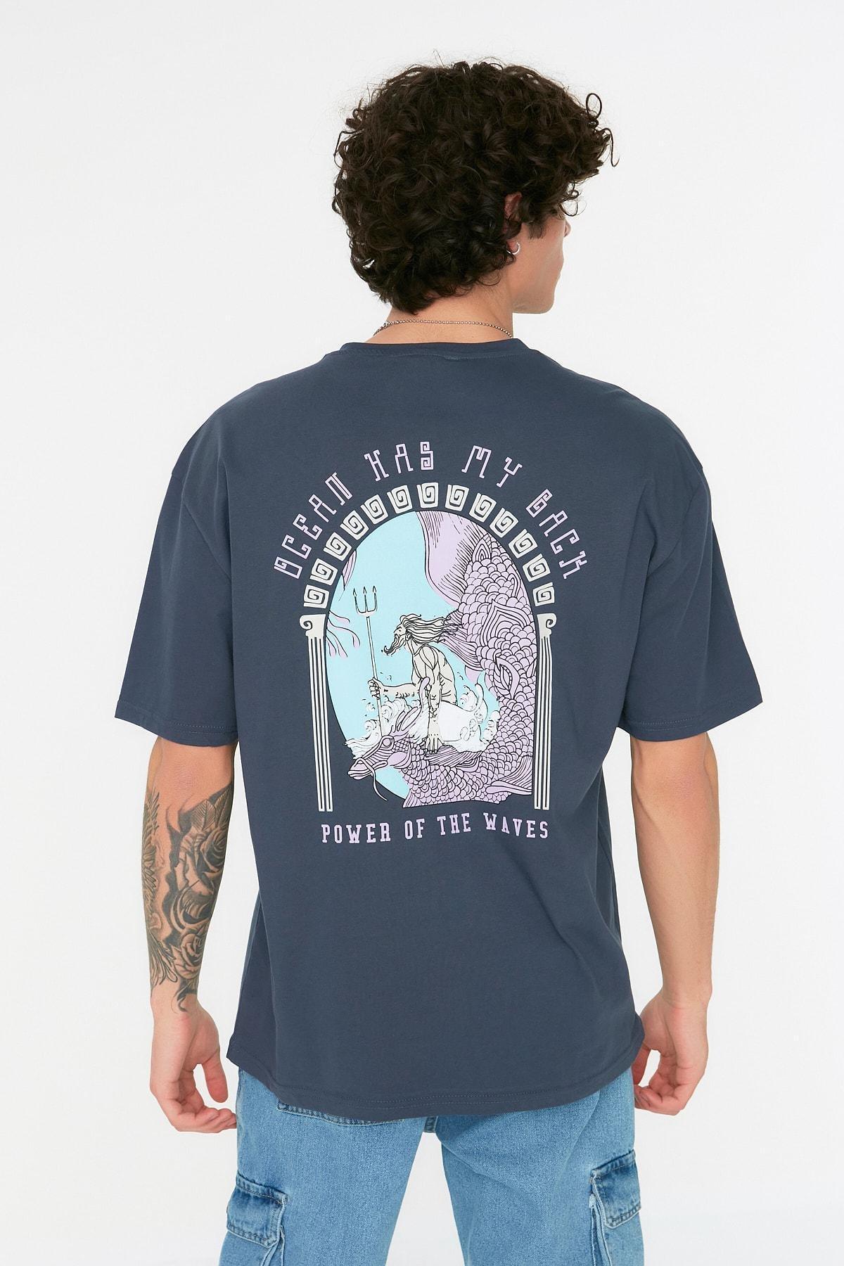 Navy Printed Crew Neck T-Shirt, , large image number 0