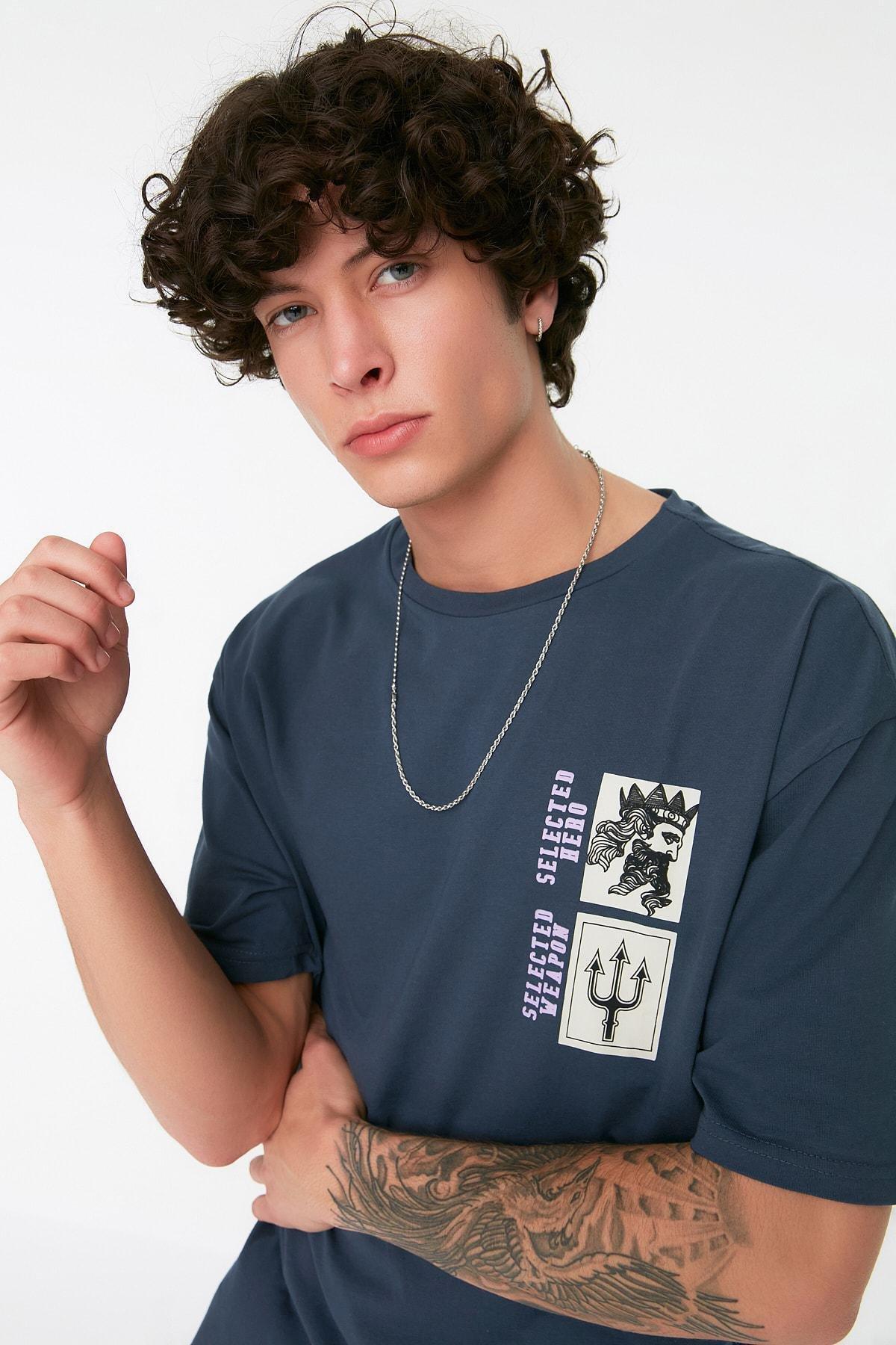 Navy Printed Crew Neck T-Shirt, , large image number 1