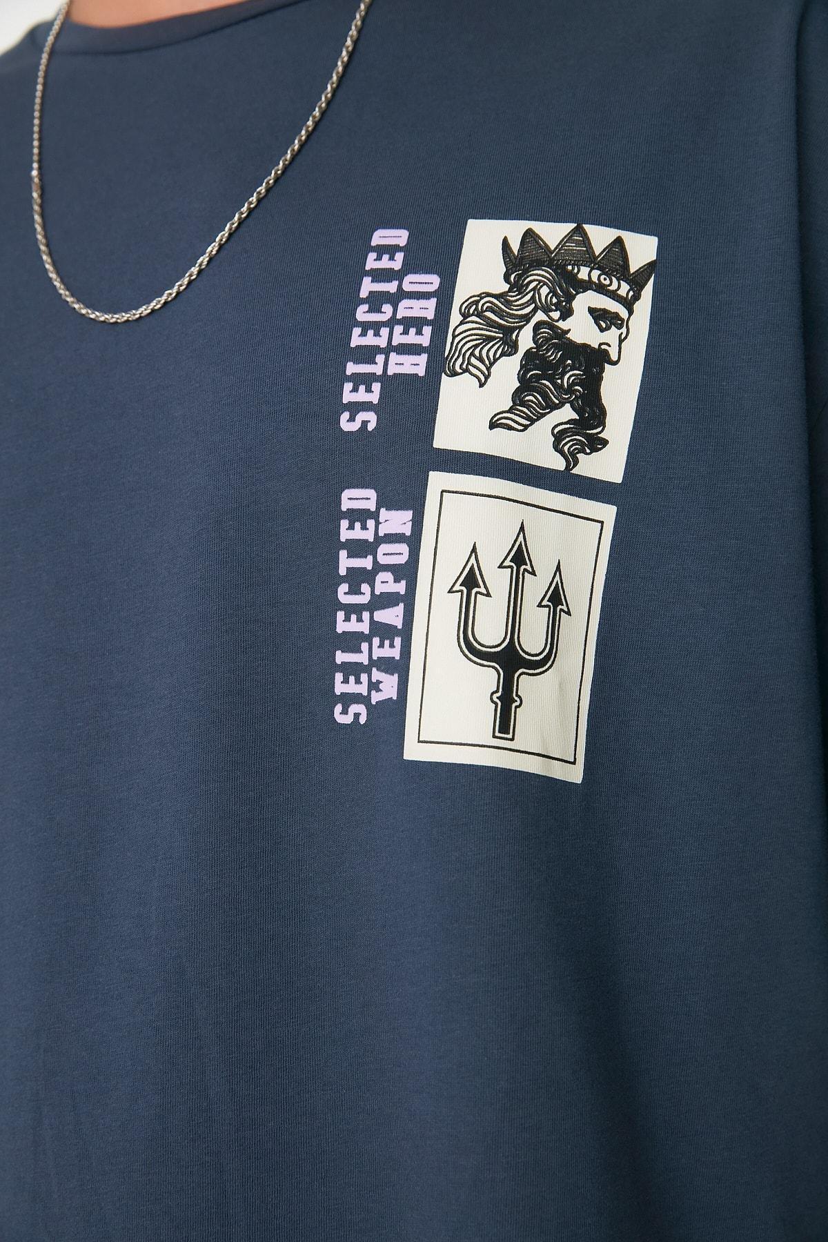 Navy Printed Crew Neck T-Shirt, , large image number 2